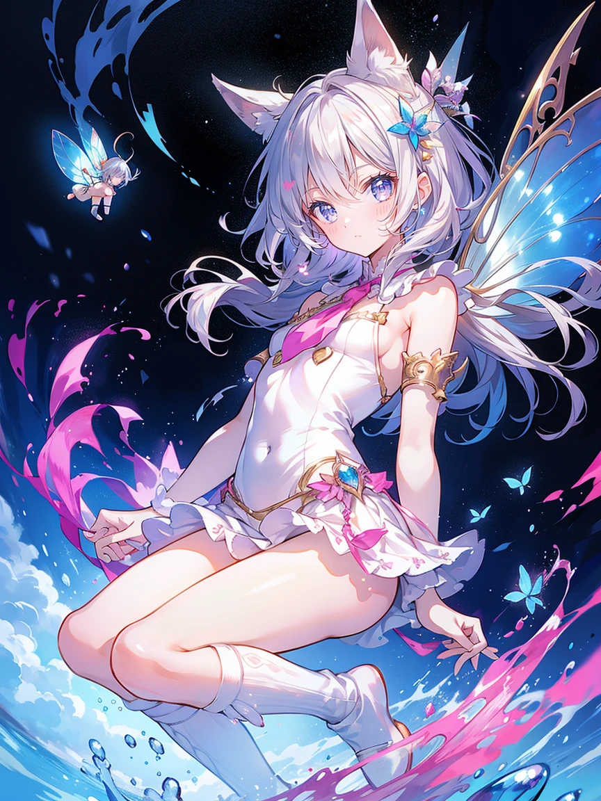 Absurd,(masterpiece、highest quality、8k ),Intricate details,Ultra-detailed、1 cute girl、((movie:1.4)),Embarrassing、(Flat chest、bulge:1.2(Silver Hair、(Fairy、Knee-high socks:1.3),Ultra-realistic,Perfect Anatomy