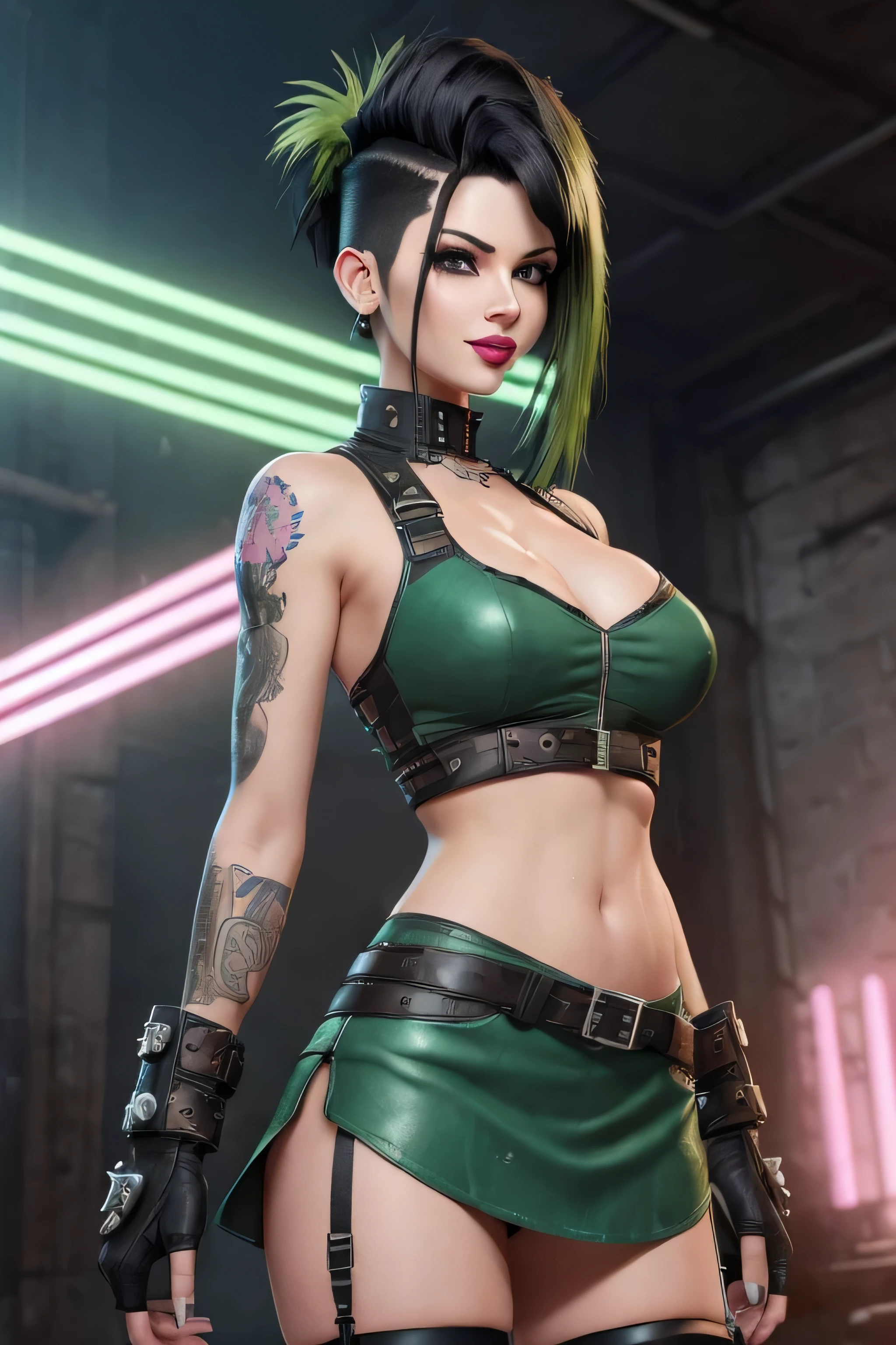 ((wide shot:1.6)), Unreal engine:1.4, Ультрареалистичная CG K, photorealistic:1.4, skin texture:1.4, ((work of art 1 young woman full length:1.5)), ((black hair , green eyes, full lips and a sensual smile:1.5)), Punk hairstyle with shaved sides:1.3, tattoos, Gatling gun, box, I look at the viewer, dynamic pose, Blows, Ammunition belt, gloves, big breasts, shooting, Extremely detailed:1.4, more detailed, Optical mix, playful patterns, animated texture, unique visual effect, pink leather miniskirt, pink jacket, masterpiece, in the background there is an abandoned place with scrap metal, ((colors, blue, green, pink, brown: 1.2)), ((Realistic 8K digital art.)), 32k