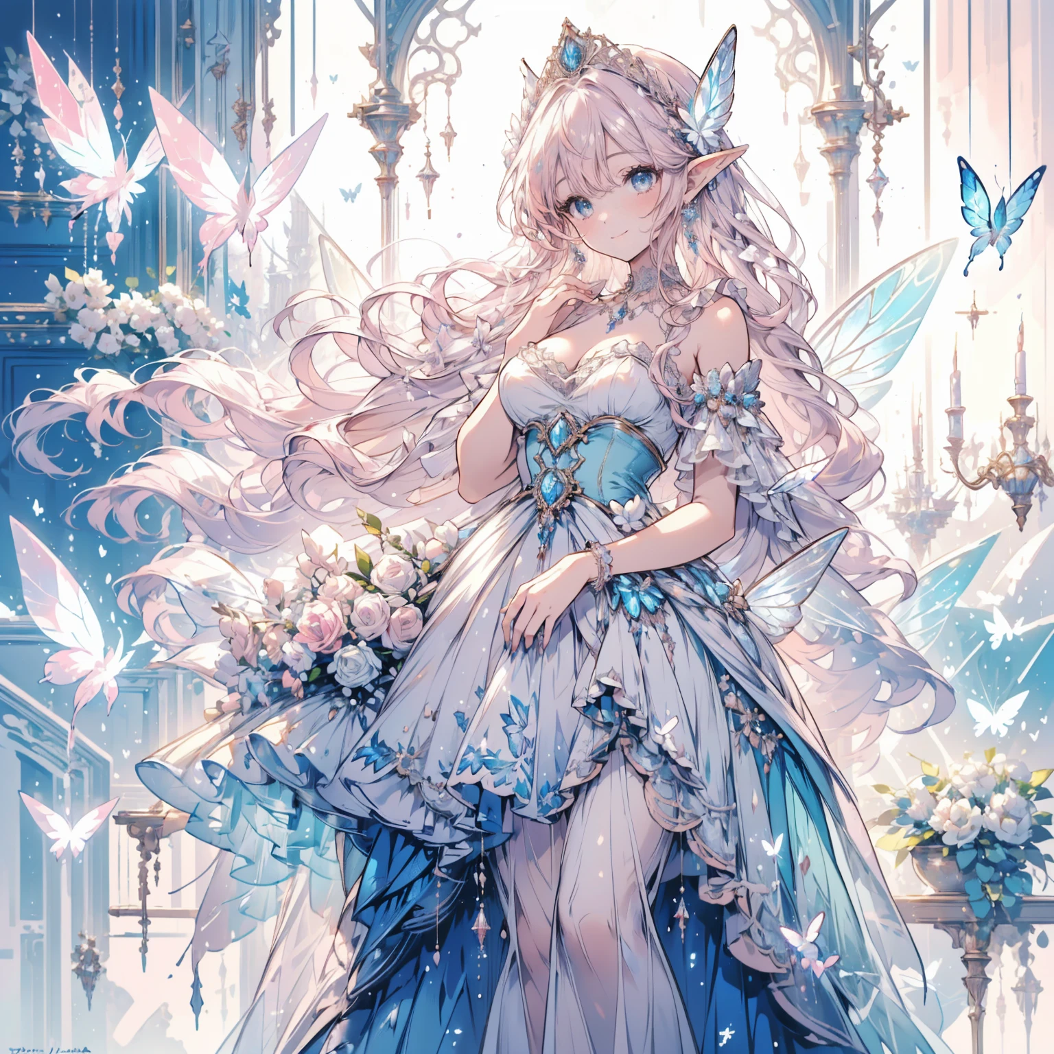 (highest quality, masterpiece, Very detailed, Very detailed, Exquisite, 16k,Full HD), (Shiny look,Big Breasts,Long eyelashes,Beautiful and pretty eyes,White skin,slim,pale pink plump lips,Pale pink cheeks,thin and high nose,Small Nose),(Giant fairy wings like a butterfly:1.2),(Diamond Tiara,diamond earrings,diamond earrings,Diamond Choker),(Pastel colored ball gown dress:1.1,A dress decorated with jewels, lace, frills and ribbons),(smile:1.2), (Fantasy, Romantic atmosphere),