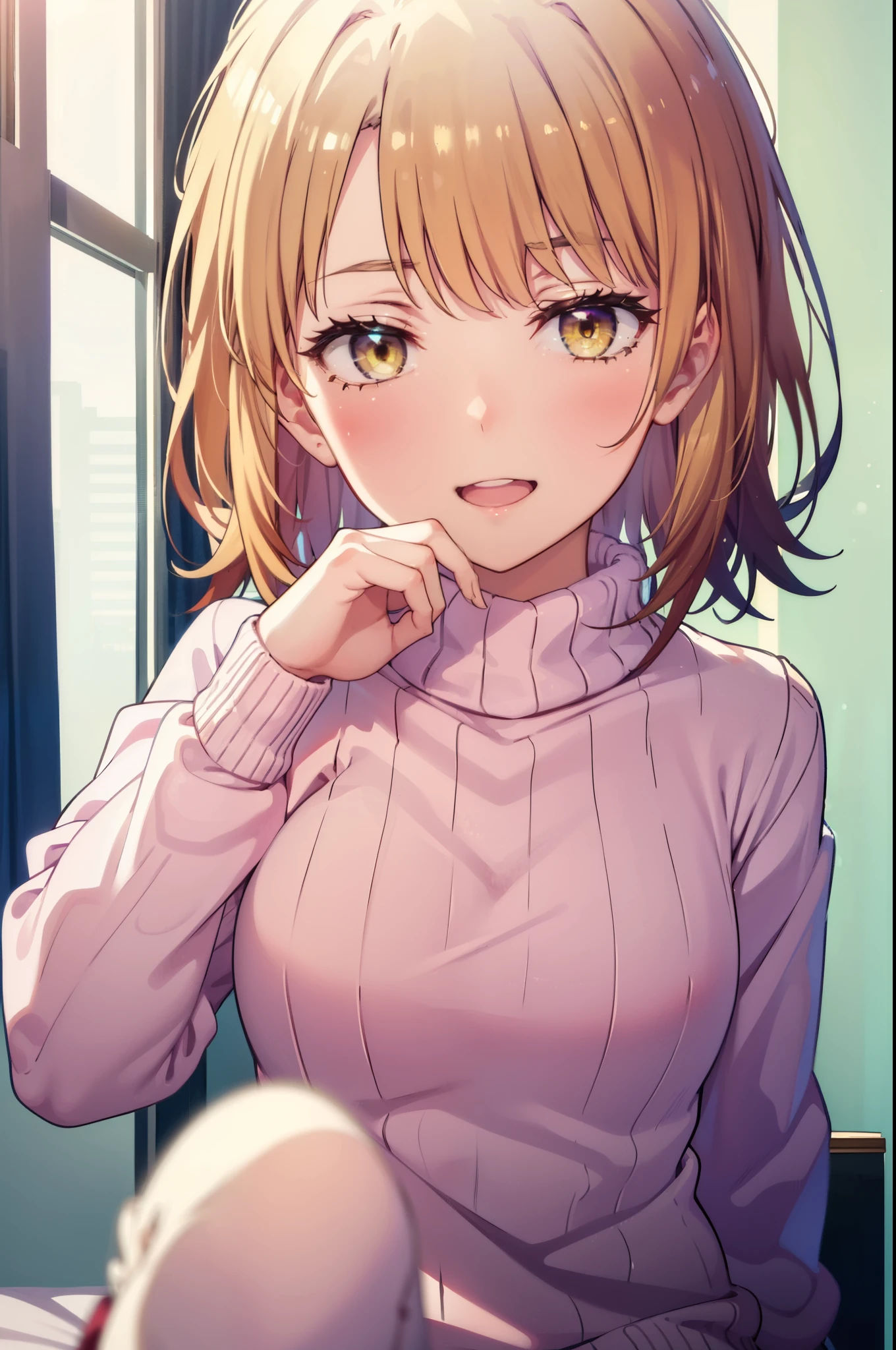irohaisshiki, Iroha Isshiki, short hair, brown hair, (Brown eyes:1.happy smile, smile, Open your mouth,),,virgin killer sweater, Sleeveless turtleneck, Sweater dress, aran sweater, (Side bust), Red sweater, barefoot,Sitting on the bed,Sexy pose,Pink proof,
break indoors, Bedroom,
break looking at viewer,
break (masterpiece:1.2), highest quality, High resolution, unity 8k wallpaper, (shape:0.8), (Beautiful details:1.6), Highly detailed face, Perfect lighting, Extremely detailed CG, (Perfect hands, Perfect ???????),