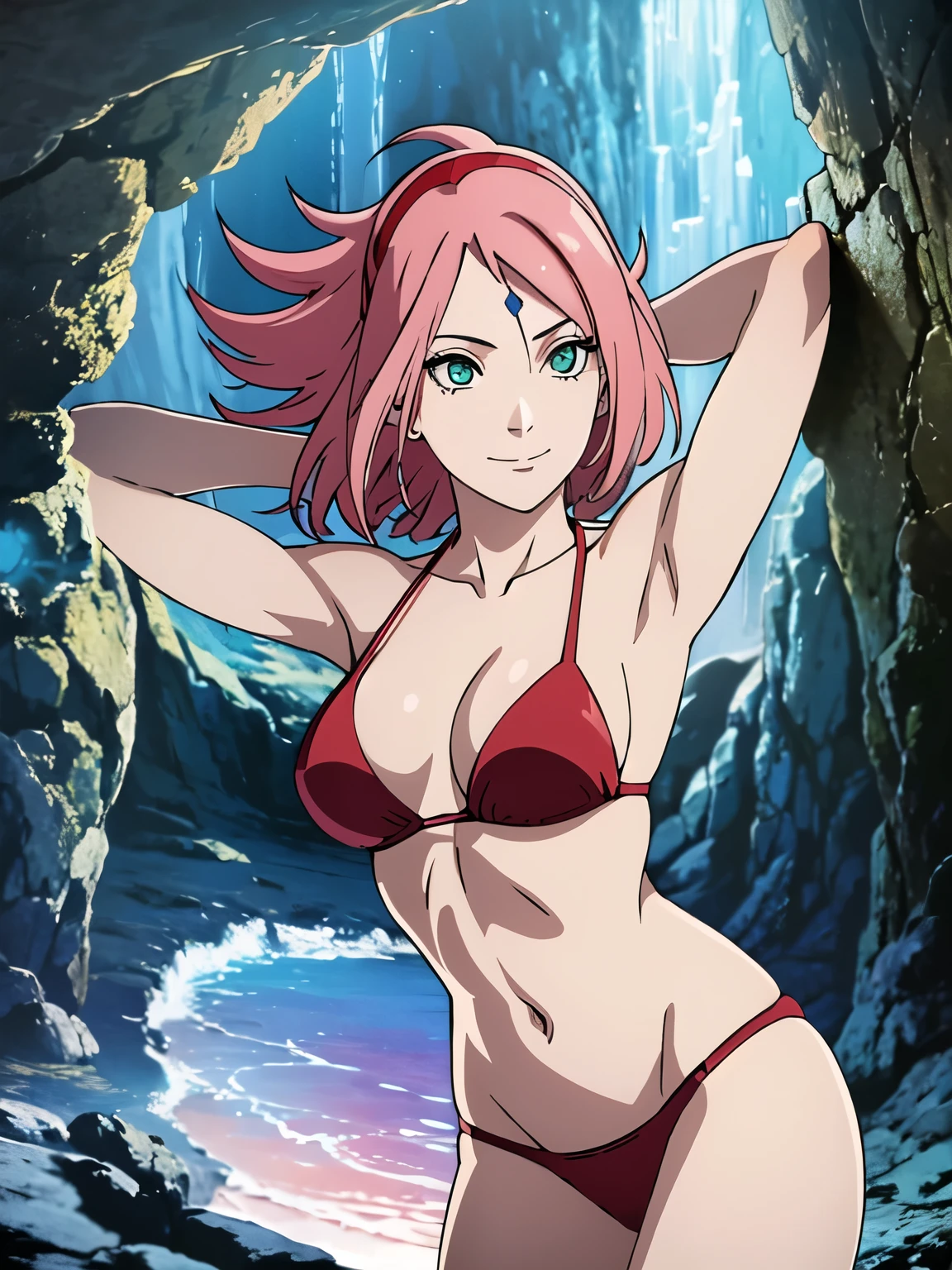 anime style, solo, 1 woman, from right, close view, (armpit hair, laying on cave), super ultra details, bold drawing lines, very high resolution, perfect anatomy, ultra detailed face, high vibrance, (blue light), ((cold colors)), 1girl, haruno sakura, (slim body, pale skin, thin belly , off-shoulders, biceps, toned arms, leaning forward, forehead mark, smile, hand leaning), ((red string bikini, red hair band)), looking at viewer, (cave), floating hair, big smile, cowboy shot, (reddish hair, detailed hair, missy hair, short hair, scattered hair), spring time, attractive colors
