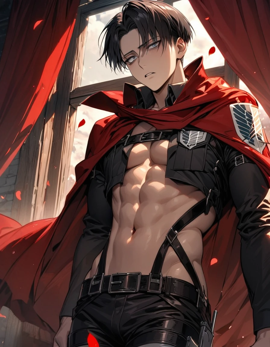 absurdres, highres, ultra detailed, HDR, masterpiece, extremely detailed face and eyes, Levi Ackerman, black hair, expressive grey eyes, dark circles under the eyes, Shingeki No Kyojin, solo, sexy man, very handsome, window, red curtains, moon, red roses, red petals, fantasy, tight black leather clothes, red cape, belt around his chest, accessories