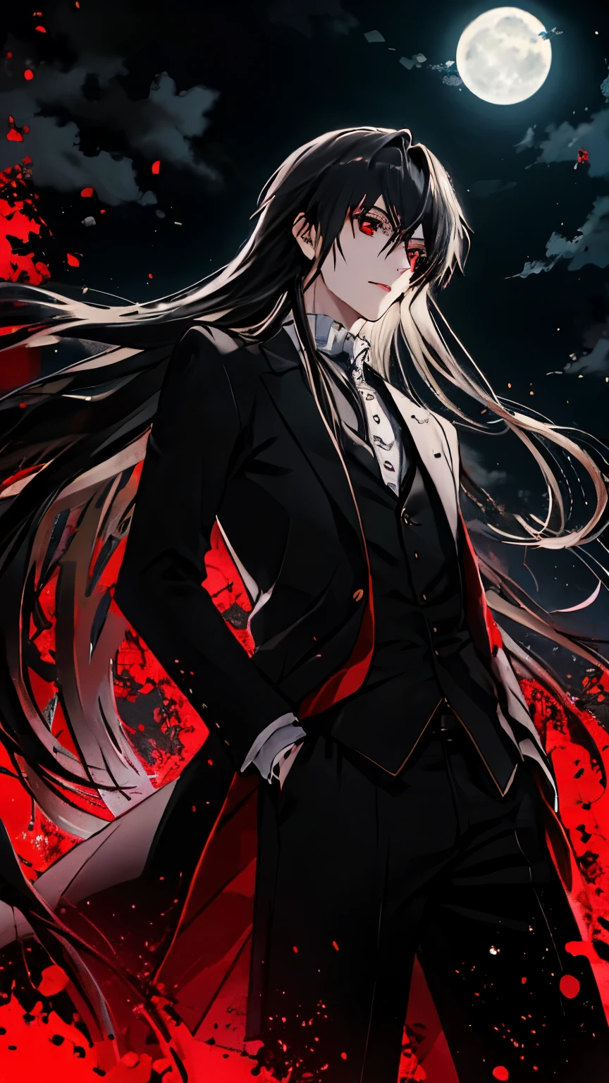 (best quality), 1man，Masculinity，a black-haired，Long hair，Red Eyes，vampire，Gorgeous dark atmosphere, Wear a black suit，Late Night, moon