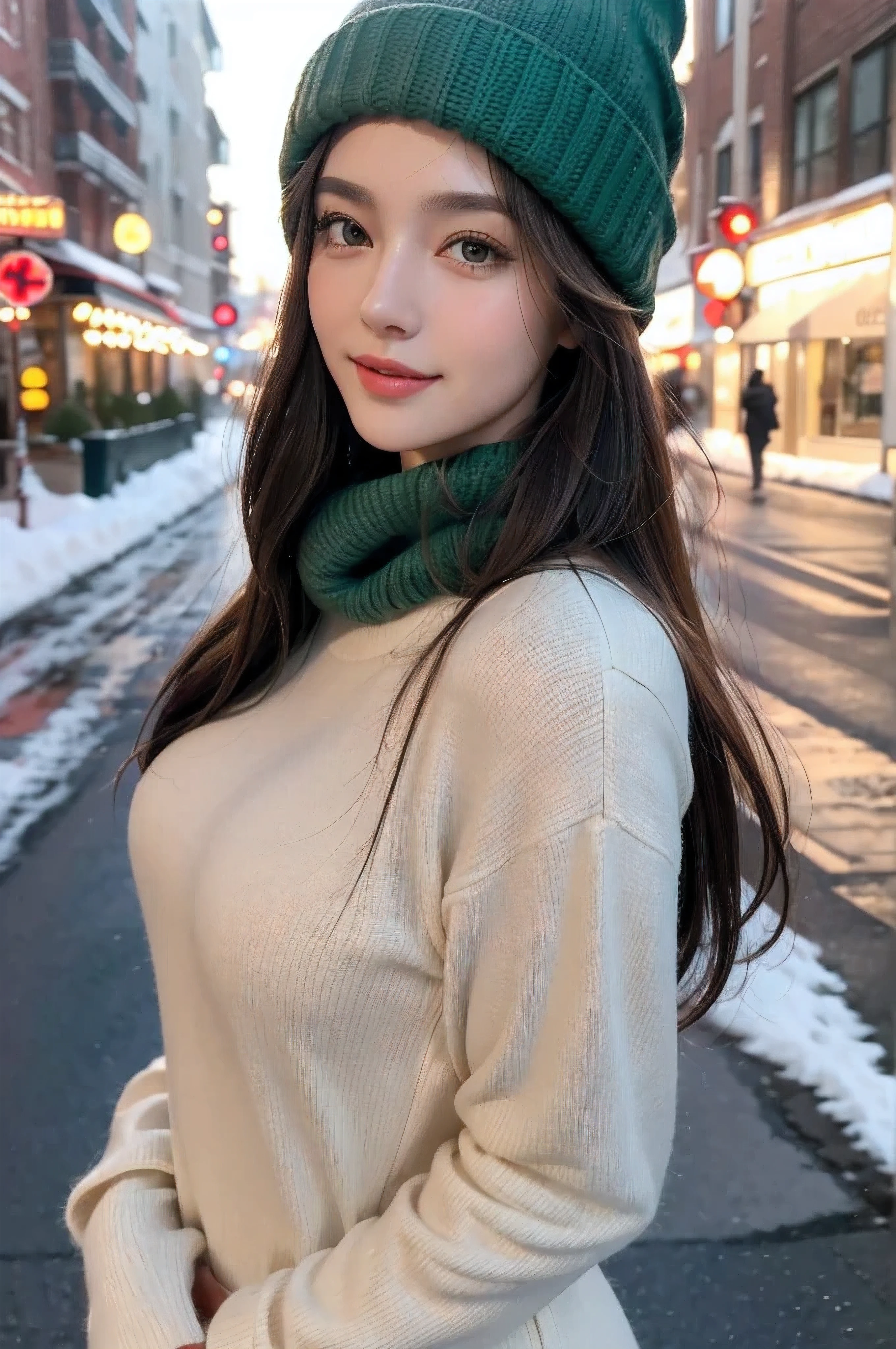 (best quality,highres,ultra-detailed),(realistic:1.37),portrait,painting,(oil painting:1.2),individual,young girl,23 years old,brown eyes,beautiful detailed eyes,beautiful detailed lips,extremely detailed eyes and face,long eyelashes,wavy brown hair,fine hair detailed,full figure,tall and slender body,confident pose,long hair tied up,short hair details,green winter clothing,stylish and fashionable outfit,wearing a trendy winter hat,model,standing on a snowy street,holding a snack in her hand,expressive and engaging eyes,alluring smile,sexy breasts,feminine curves,random photo pose,vivid colors,soft and warm lighting,cozy winter atmosphere