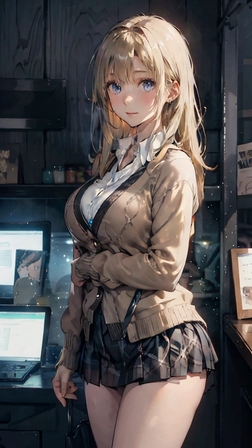 (masterpiece:1.2, top-quality), (realistic, photorealistic:1.4), beautiful illustration, (natural side lighting, movie lighting), 
looking at viewer, 1 girl, japanese, high school girl, perfect face, cute and symmetrical face, shiny skin, babyface, 
(long hair, straight hair, sideburns, (blond hair)), swept bangs, blue eyes, (middle breasts, seductive thighs, big ass), piercings, 
beautiful hair, beautiful face, beautiful detailed eyes, beautiful clavicle, beautiful body, beautiful chest, beautiful thigh, beautiful legs, beautiful fingers, 
(((brown cardigan, close clothes), white collared shirt, black plaid pleated miniskirt)), 
(beautiful scenery), evening, (caffee shop), standing, (lovly smile, upper eyes), 