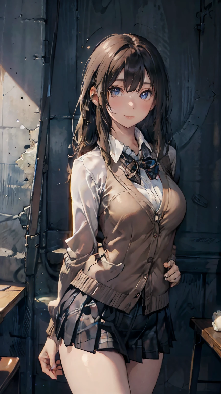 (masterpiece:1.2, top-quality), (realistic, photorealistic:1.4), beautiful illustration, (natural side lighting, movie lighting), 
looking at viewer, 1 girl, japanese, high school girl, perfect face, cute and symmetrical face, shiny skin, babyface, 
(long hair, straight hair, sideburns, (blond hair)), swept bangs, blue eyes, (middle breasts, seductive thighs, big ass), piercings, 
beautiful hair, beautiful face, beautiful detailed eyes, beautiful clavicle, beautiful body, beautiful chest, beautiful thigh, beautiful legs, beautiful fingers, 
(((brown cardigan, close clothes), white collared shirt, black plaid pleated miniskirt)), 
(beautiful scenery), evening, (caffee shop), standing, (lovly smile, upper eyes), 