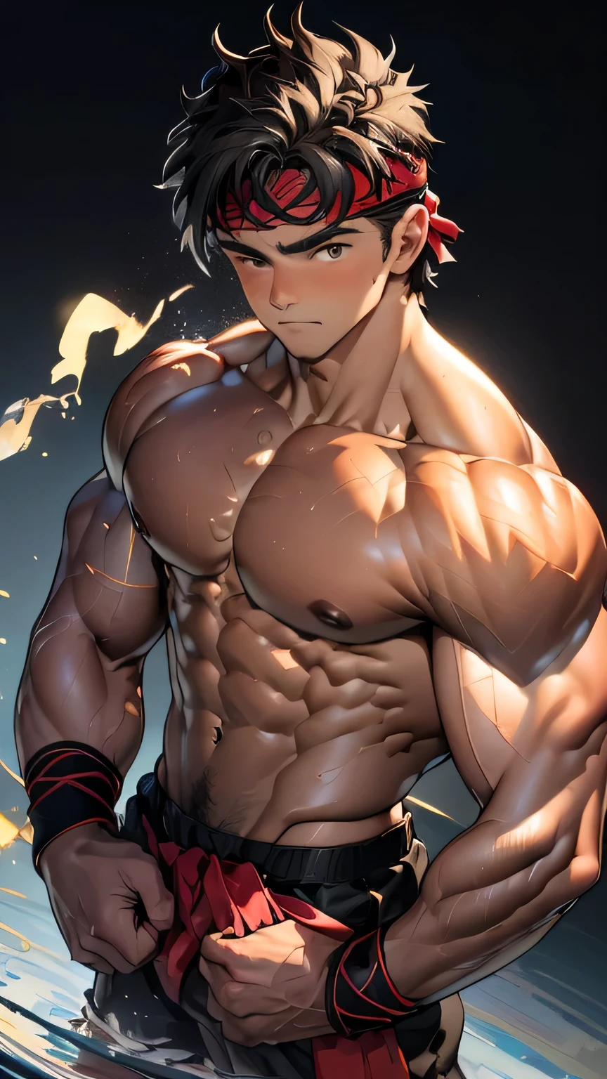 (Masterpiece, Best quality 19 year old boy, black background, shoot from front), solo, Young, boy, muscler, Shirtless, topless, (Dark Short straight hair, under cut, brown eyes), (torn clothes, red headband, ((black wristband))), Vivid colors, (hot Abs:1.2, abs!, big abs, big breast:1.2, chest!, muscler upper arms), (topless male), muscler!, muscler body, (aura power:1.4), detailed face, detailed muscle, (((A magical mystical aura, rippling muscles)))
