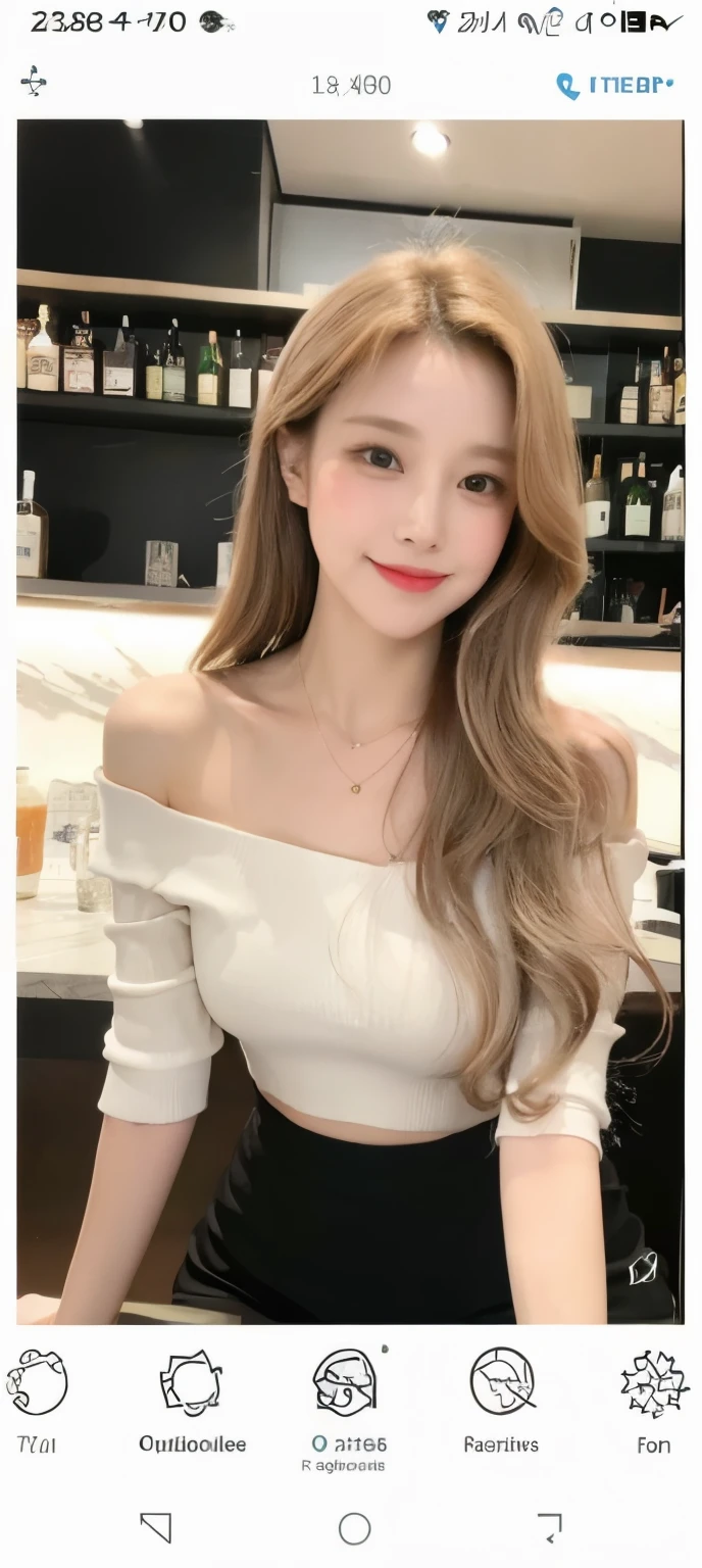 A superb exquisite real beautiful girl, golden long curly hair, extremely exquisite facial features, peerless beautiful girl, collarbone off-the-shoulder, white crop top shirt, black JK skirt, exposed legs, sweet smile, soft, dreamy quality, light white and dark brown, exaggerated facial features, solid color, frank off-white, surreal, blue gemstone necklace, ultra-clear, beautiful young girl, cute and lively, super short leggings, background at the bar counter