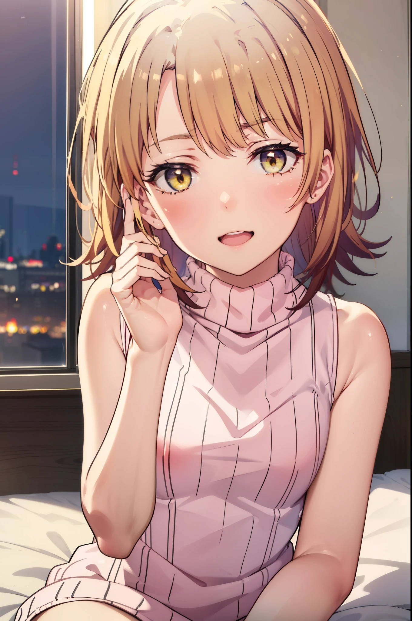 irohaisshiki, Iroha Isshiki, short hair, brown hair, (Brown eyes:1.happy smile, smile, Open your mouth,),,virgin killer sweater, Sleeveless turtleneck, Sweater dress, aran sweater, (Side bust), Red sweater, barefoot,Sitting on the bed,Sexy pose,Pink proof,
break indoors, Bedroom,
break looking at viewer,
break (masterpiece:1.2), highest quality, High resolution, unity 8k wallpaper, (shape:0.8), (Beautiful details:1.6), Highly detailed face, Perfect lighting, Extremely detailed CG, (Perfect hands, Perfect Anatomy),