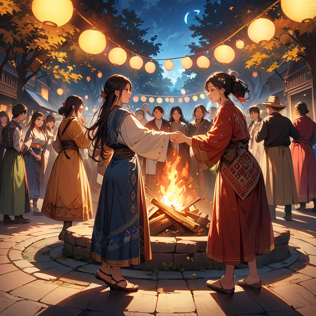 best quality,4K,8k,high resolution,masterpiece:1.2,Super detailed,Practical,photoPractical:1.37,bonfire：1.37,Night fever, hapiness, and passionate atmosphere
People dancing and singing around the bonfire
Vivid colors and warm tones depicting the lively scene
Beautifully detailed faces with happy expressions
Traditional clothing representing different ethnic groups
Cultural diversity and unity portrayed by the gathering
Shadow and light effects created by the flickering flames
Realistic rendering of the bonfire's warmth and illumination
Crisp details capturing the intricate patterns on clothing
Dynamic poses reflecting the energy and excitement of the event
PhotoPractical depiction of the surrounding nature (Trees, Star, moon)
Sparks fluttered in the air, Professional artwork that adds movement and energy to the scene，A touch of traditional finesse A sharp contrast between bright faces and dark surroundings The bokeh effect enhances the atmosphere of comfort and intimacy Attention to the smallest details, Capturing the essence of a moment Celebrating the importance of cultural heritage and community Ancient traditions and rituals passed down from generation to generation Artistic expressions of cultural diversity and inclusion