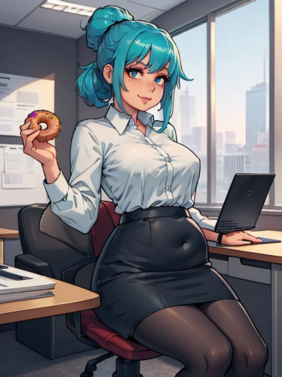 art by kipteitei, 1girl, (aqua blue hair), aqua blue hair, hair up, blue eyes, black pencil skirt, dress shirt, (black tights), happy expression, (skinny), [stuffed belly], (holding donut), sitting in office, leaning back in chair, fancy office background with lots of windows, (best quality, masterpiece)
