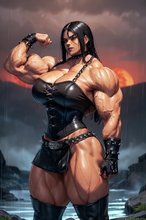 ((((Massive, tall, beautiful, buff, wet, light brown skinned muscular woman with jet black hair, black lipstick, ginormous bulky muscles, flexing muscles and wearing a black leather corset with loose skirt)))), (red background), close view, (massive muscles), massive biceps, hyper muscle shoulders, hyper muscle triceps, (straight long hair), glowing orange eyes, choker, (chain belt), black boots, (spiked gauntlets), (fingerless gloves), (in a raining dark island), confident smirk, night, red moon, (red skies), hyper vascular arm, hyper muscles arms, hyper muscle legs, (ginormous arms).