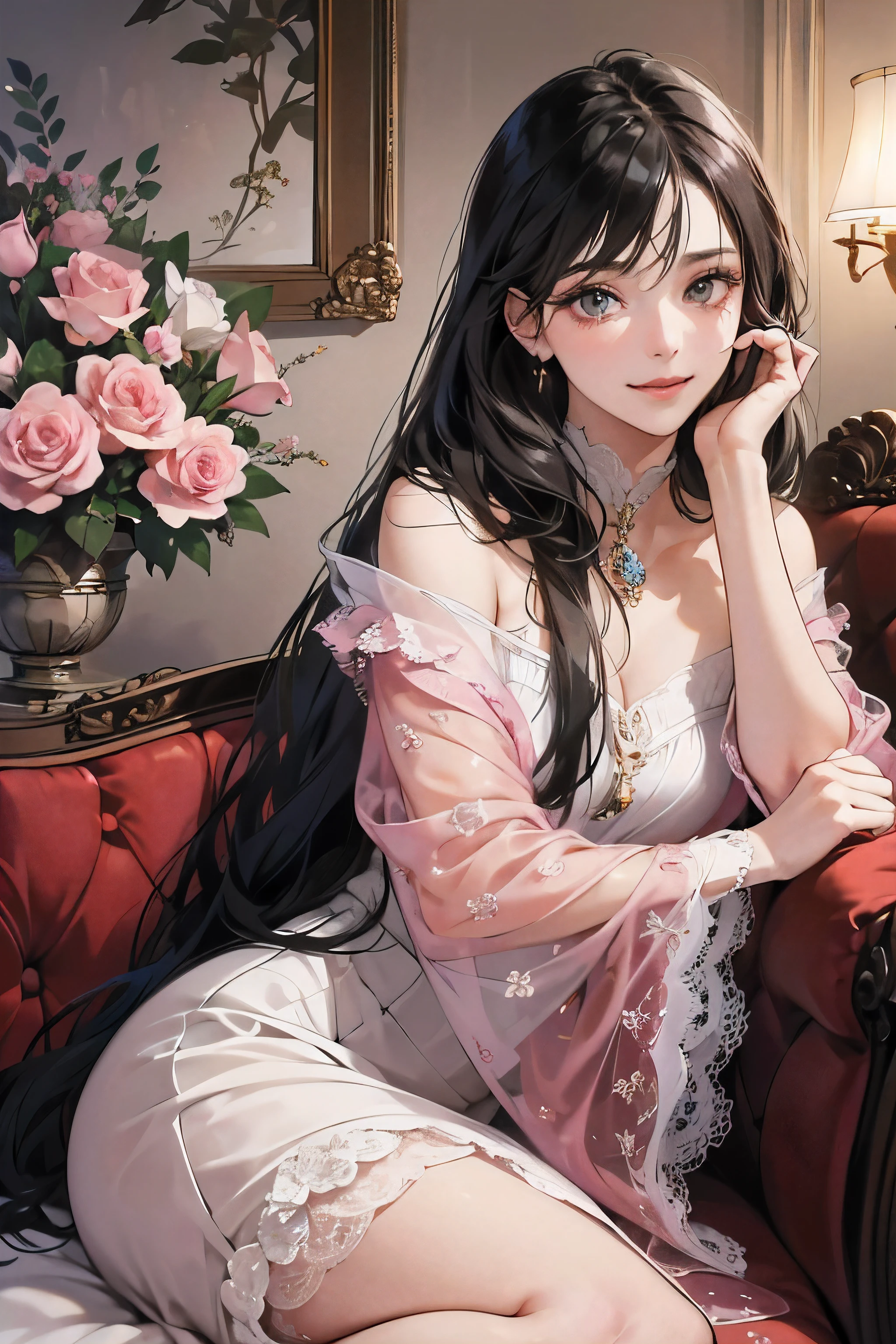 (masutepiece, Digital Art, Digital Illustration, 4K, 8K, Ultra-detailed, beautiful image, Sharp Image, Photorealistic, Raw photo, Perfect face, Perfect lines, Perfect eyes, Soft lighting) 1 woman, (Long Black Hair,straight haired,Bullish gaze,Beautie,ellegance,mode ,Onepiece、Solid makeup,23 y-o woman,small tits:1.3),Two handsome embers in suits, (ember,Ember sex is in a suit,well-muscled,Firm shoulder width, ember&#39;s,Boyish hairstyle,English gentlemanly style,30&#39;s ember with a cool expression,28 year old ember with a bright smile:1.2),Antique furnishings,Antique Clamps,Antique chair,chandeliers,Crystal Glass,Luxury,fantastical light,Marble fireplace,(embarrassed from,Shy smile,Bouquet of pink roses:1.2),Antique sofa,Leather sofa,Crying face,Crying in frustration,Beautiful tears、the kiss、kiss、a couple、couple kissing、Romance、