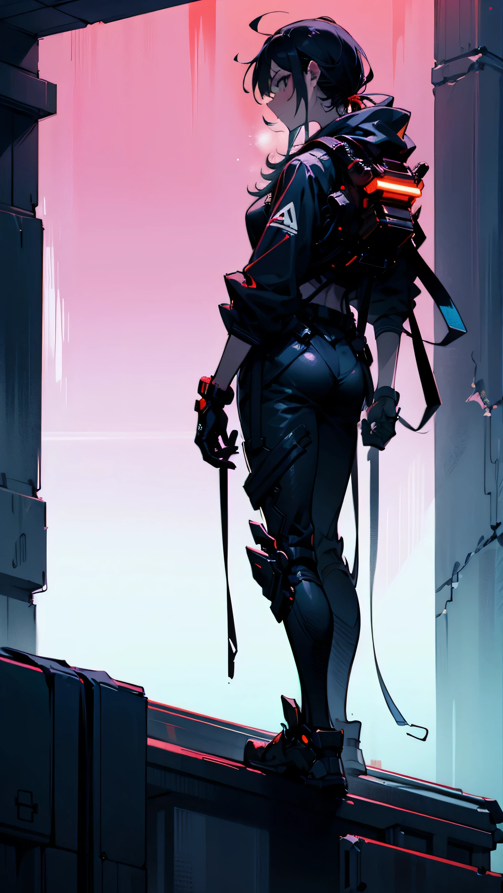 ((1woman:1)),((on top of a building where the small buildings are visible below looking up the night sky:1)),((back-view:1)),((neon-colors:1)),(UTRA-DETAILED:1)),(CINEMATIC:1),(HIGH-RES:1.2),(AMAZING-ART:1),((cyberpunk-theme:0.9)),((soft-lighting:1)),((colorful:1)),((Magazine-Cover:1)),((CINEMATIC-LIGHTING:1)),((VISIBLE-BUILDINGS:1)),((full-body:1)),((standing:1))