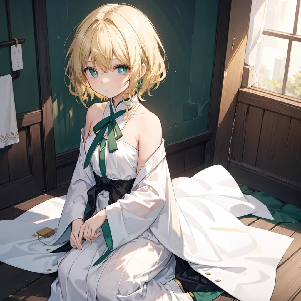 wide view, from above, abs, a girl, young girl, short beautiful blonde hair, colorful hair, cold expression, green pupils, flat chest best quality, closed firebrick robe, white silk Clothes,