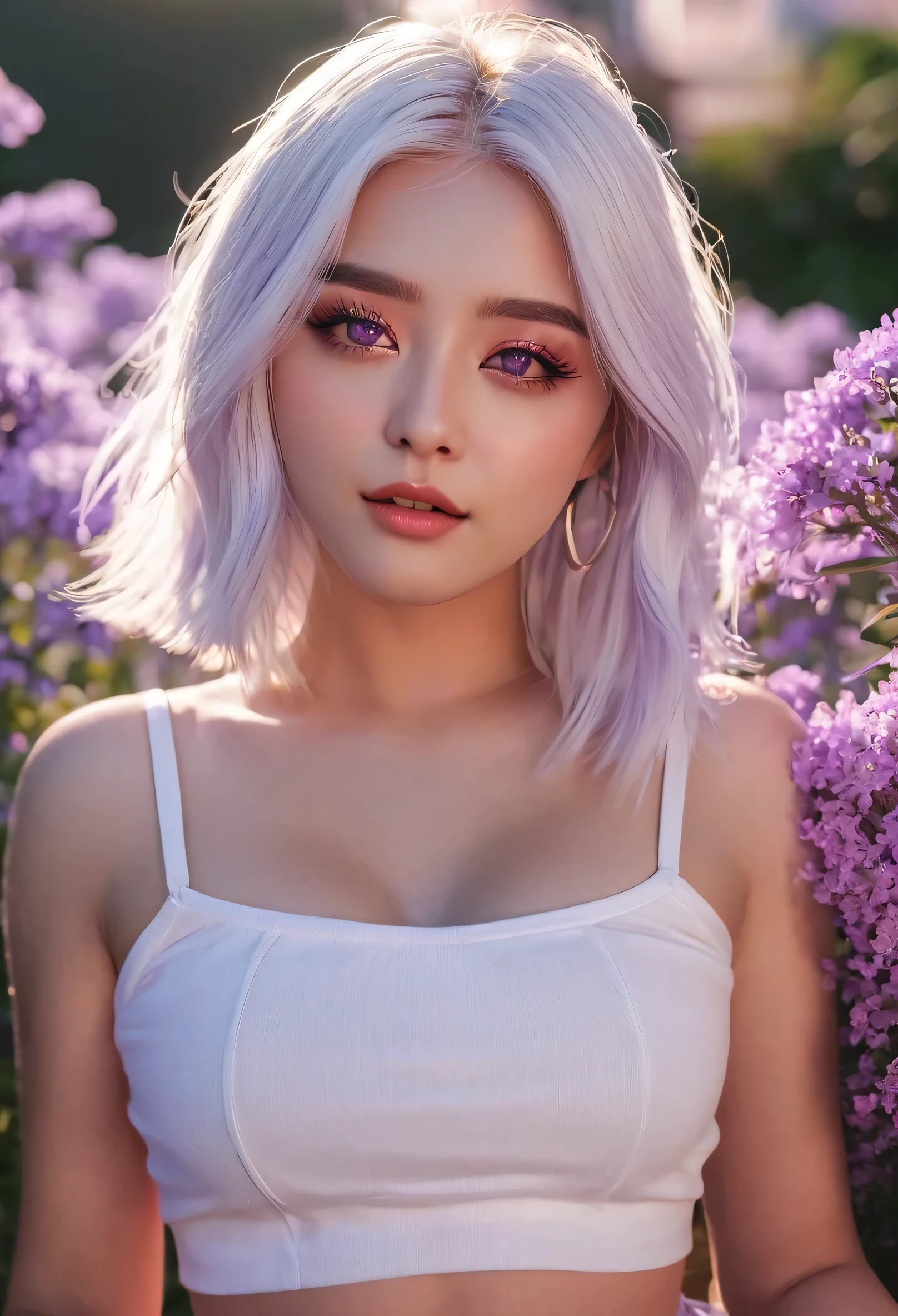 realistic, 1girl, white hair, purple eyes, glowing eyes, crop top, skirt, parted lips, blush, night, flowers, sun, sunlight,