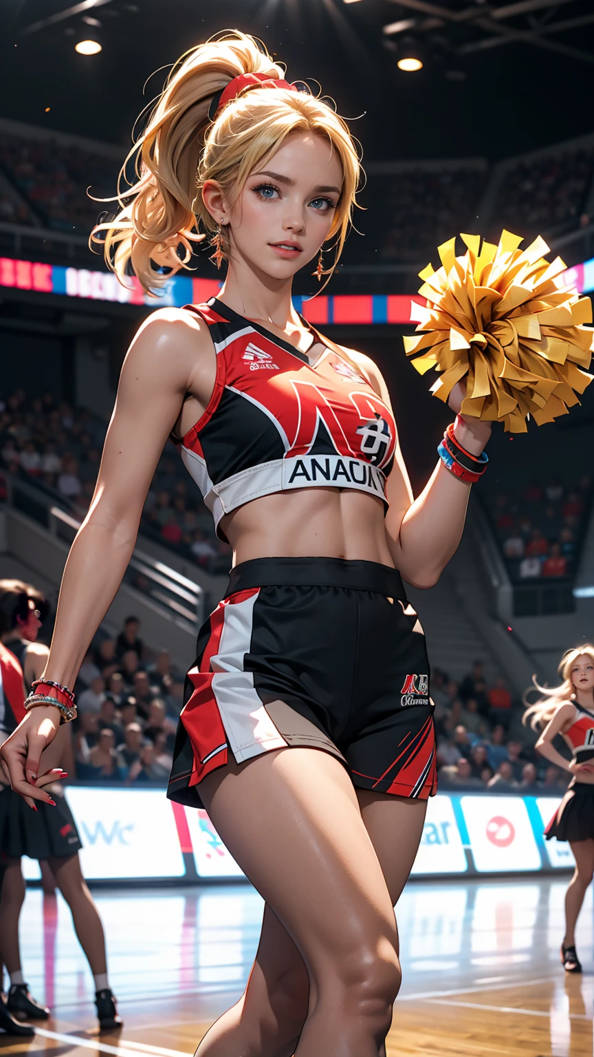 ((最high quality, 8K, masterpiece: 1.3, Ultra HD, high quality, 最high quality, High resolution, realism)) 、A 22-year-old extremely beautiful white woman、Hair color blonde、blue eyeedium Hair、Straight Hair、smile、Slender but well-proportioned body、I want my head to stay off screen、Wearing accessories on the wrist、Put an anklet on your ankle、Wearing red nail polish、I have a peticure、Being a cheerleader、Holding pom-poms and raising their legs to dance cheerleading