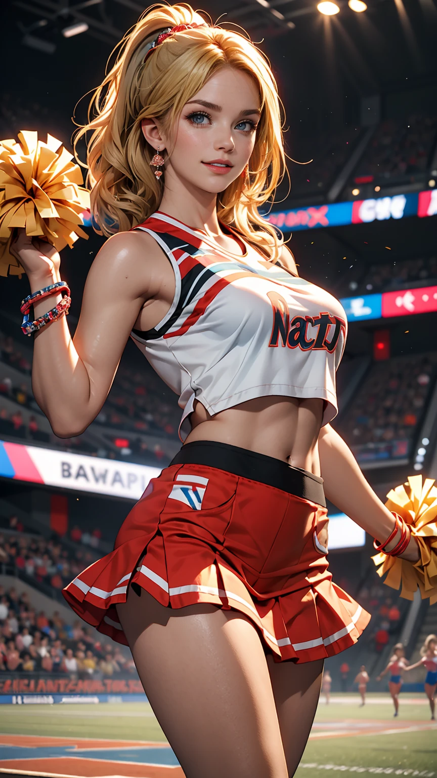 ((最high quality, 8K, masterpiece: 1.3, Ultra HD, high quality, 最high quality, High resolution, realism)) 、A 22-year-old extremely beautiful white woman、Hair color blonde、blue eyeedium Hair、Straight Hair、smile、Slender but well-proportioned body、Athlete-like body type、I want my head to stay off screen、Wearing accessories on the wrist、Put an anklet on your ankle、Wearing red nail polish、I have a peticure、Being a cheerleader、Dancing the cheer dance with pom-poms in both hands