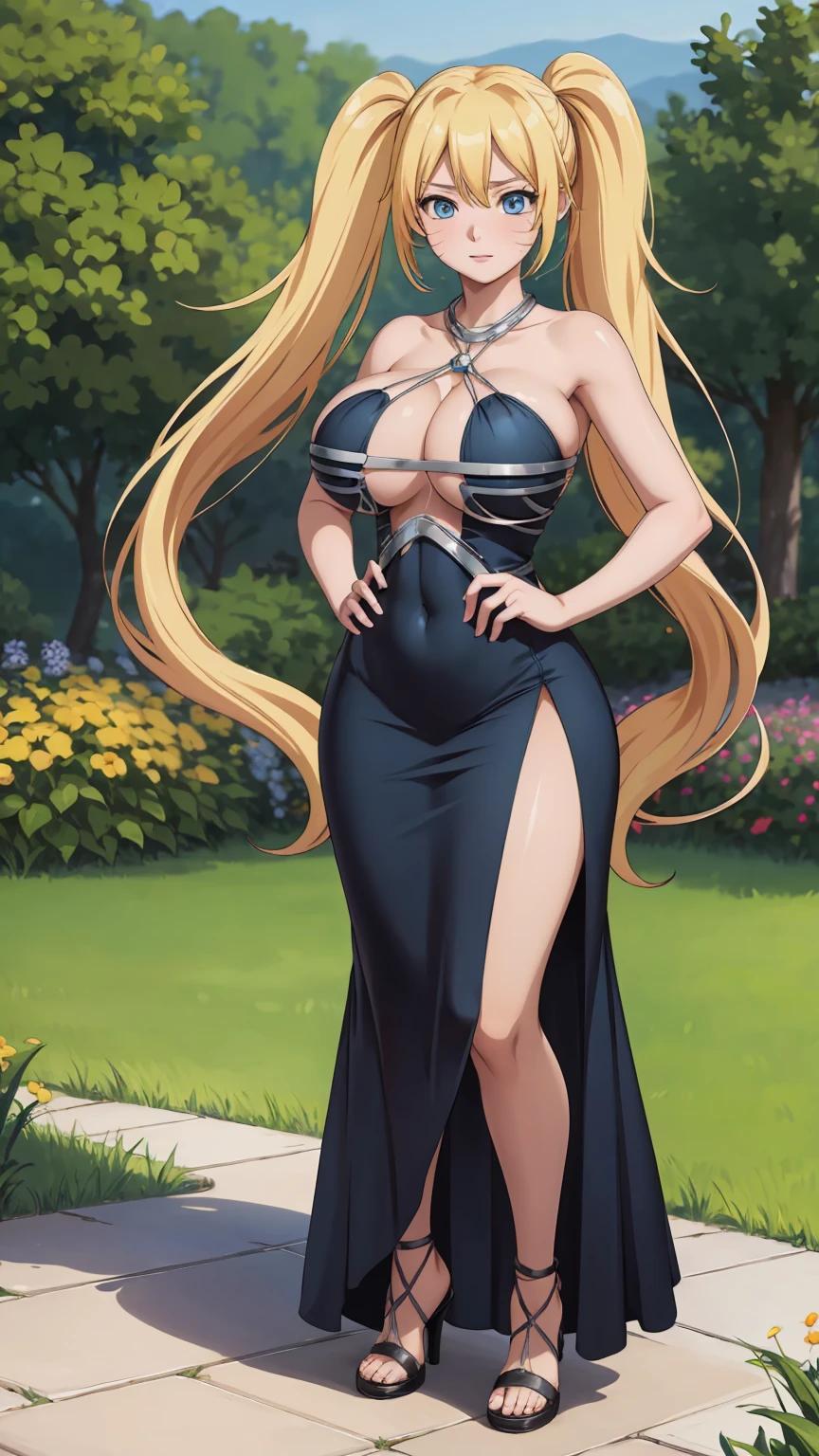 masterpiece, ultra high-quality, extremely detail 8k cg, high resolution, 1girl, narukouzumaki, twintails, wisker marks, blonde hair, blue eyes, perfect eyes, thin body, huge breasts, bursting breasts, evening gown, halterneck, criss-cross halter, high heels, choker, beautiful face, outdoors, garden, night time, full shot photo, full body