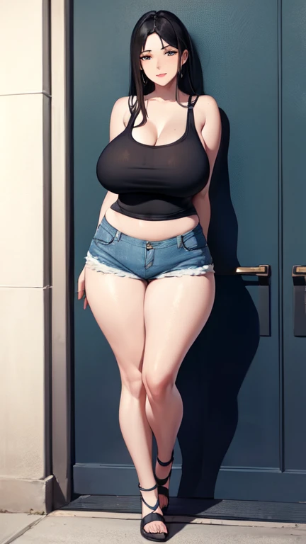 huge breasts, big hips, Tank top, denim shorts, full body shot, Mature Armenian mother, Whip lower body, plump thighs, calf, bewitching mature Armenian woman, perfect body, plus size model,