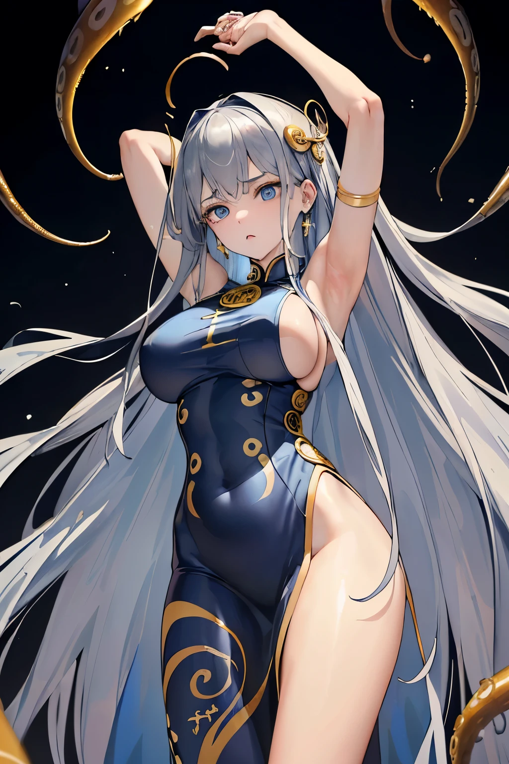 (((highest quality)), ((masterpiece)), (detailed), Perfect Face、Long Hair,Gray Hair,blue eyes、Big breasted woman in gold and white cheongsam gets caught by tentacles、Restrained in the dark with both arms raised above head、Being raped while being tormented by tentacles、20th Generation、Painful expression、Yeaaaahn!