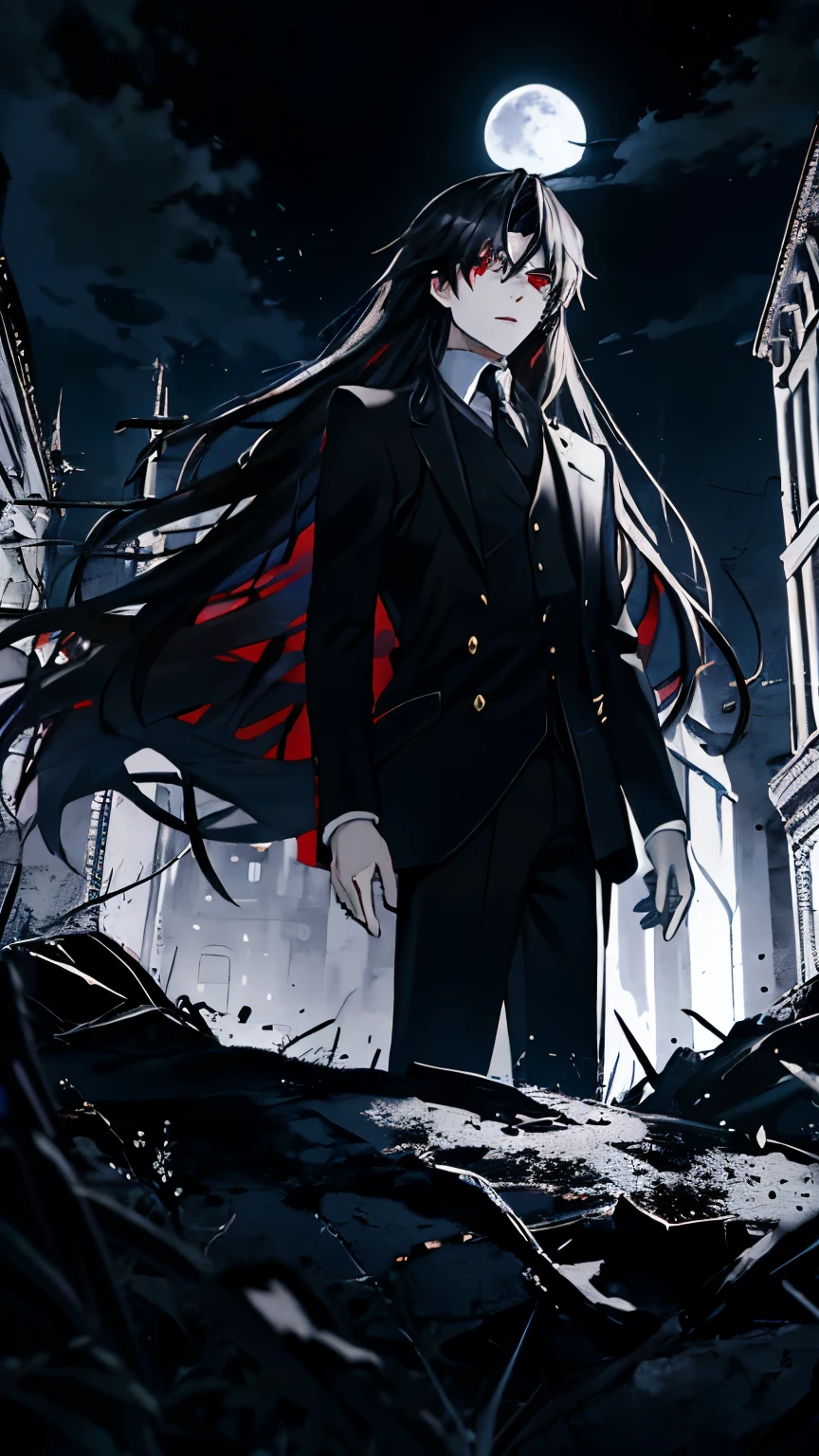 (best quality), 1man，Masculinity，a black-haired，Long hair，Red Eyes，vampire，Gorgeous dark atmosphere, Wear a black suit，Late Night, moon
