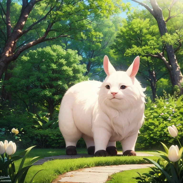 Un cerdito estilo anime en un bosque Rodeado de arboles y tulipanes.