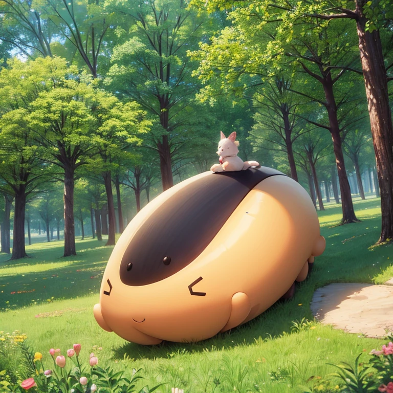 Un cerdito estilo anime en un bosque Rodeado de arboles y tulipanes.