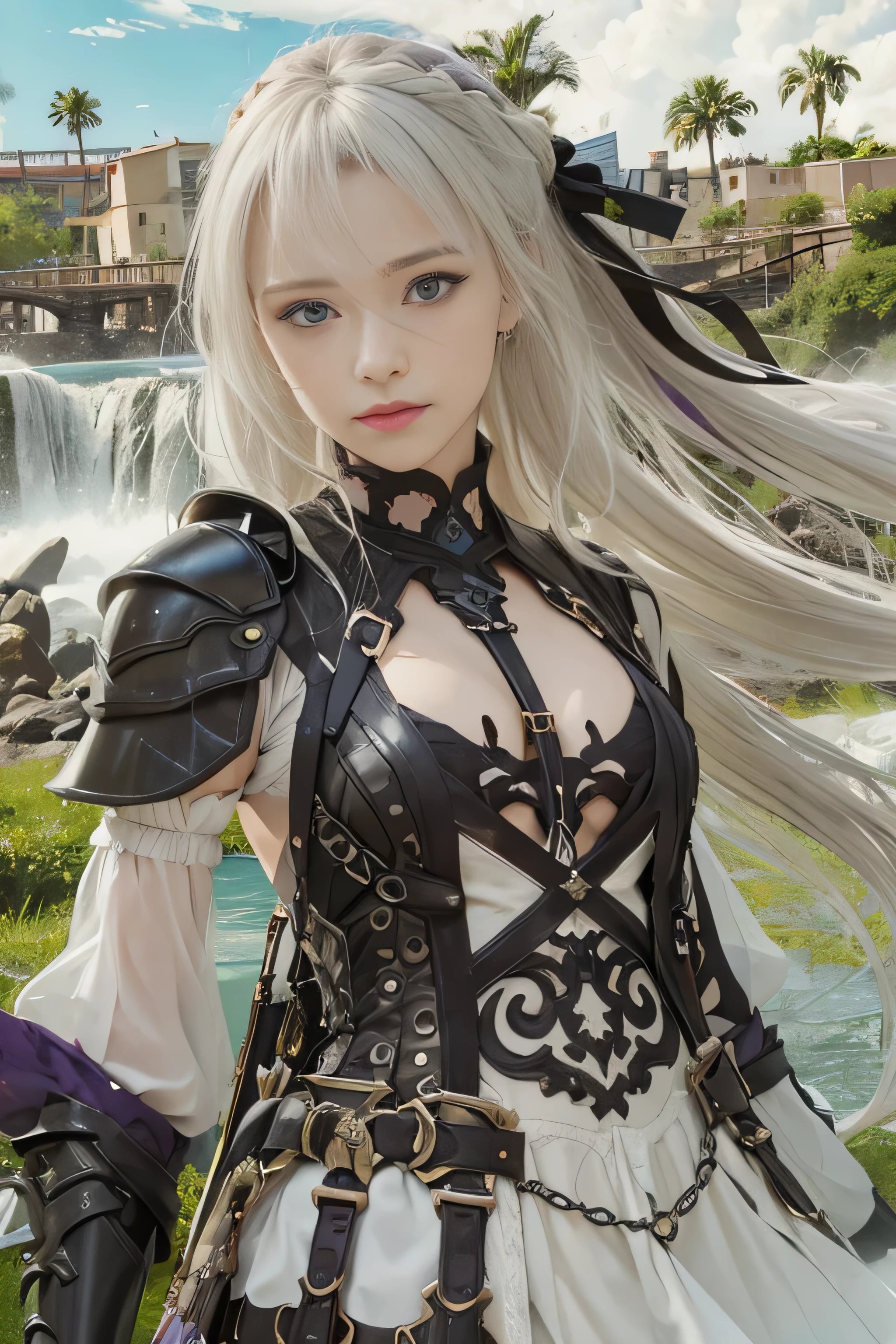masterpiece, best quality, (realistic,photo-realistic:1.4), (RAW photo:1.2), extremely detailed CG unity 8k wallpaper, delicate and beautiful, amazing,finely detail, official art, absurdres, incredibly absurdres, huge filesize, ultra-detailed,extremely detailed eyes and face,light on face,nami,(little smile),(white hair:1.4),(long hair:1.4),(wearing black armor:1.4),(purple eyes:1.5),ponytail,black ribbon,