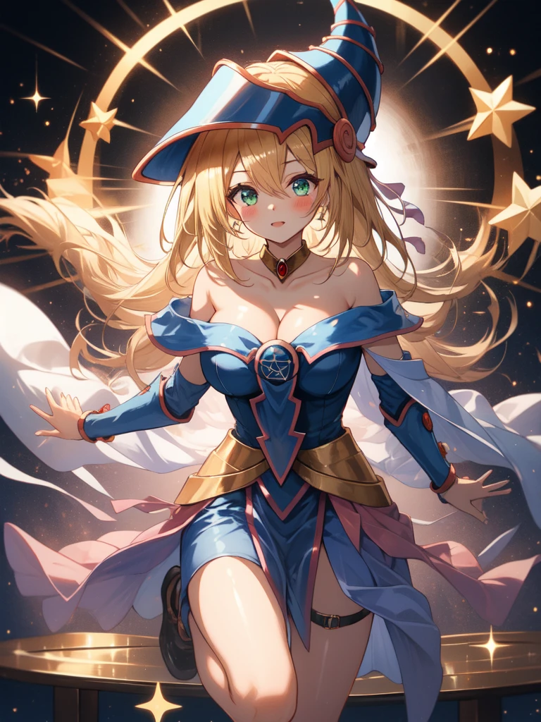 dark magician girl, duel monster, blush stickers, blonde hair, green eyes, long hair, breasts, blush, bangs, large breasts, hair between eyes, pentacle, pentagram, hat, dress, cleavage, bare shoulders, collarbone, choker, blue headwear, wizard hat, bracer, detached sleeves;highest quality,((highest quality)),((Tabletop)),((Perfect Face)),Detailed5Hand with two fingers,1 girl,(Background Blur), ((Holographic)),1 girl,milky way, (stripes of light), Impressive visuals, (Dynamic Streaks, Path of Light:1.2), Bright colors,whole body,Dynamic pose,full body