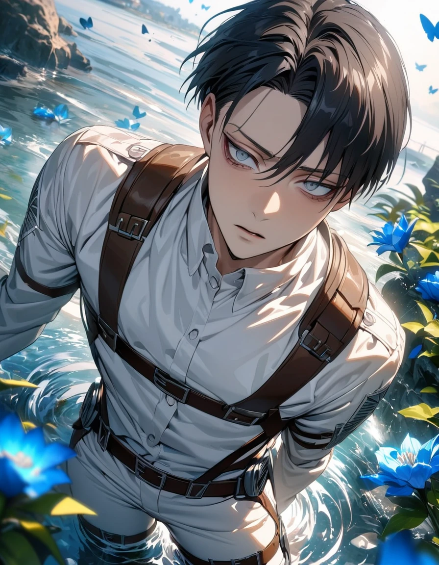 absurdres, highres, ultra detailed, HDR, masterpiece, extremely detailed face and eyes, Levi Ackerman, black hair, expressive grey eyes, dark circles under the eyes, Shingeki No Kyojin, solo, sexy man, very handsome, water, blue lilies, petals, butterflies, white pants