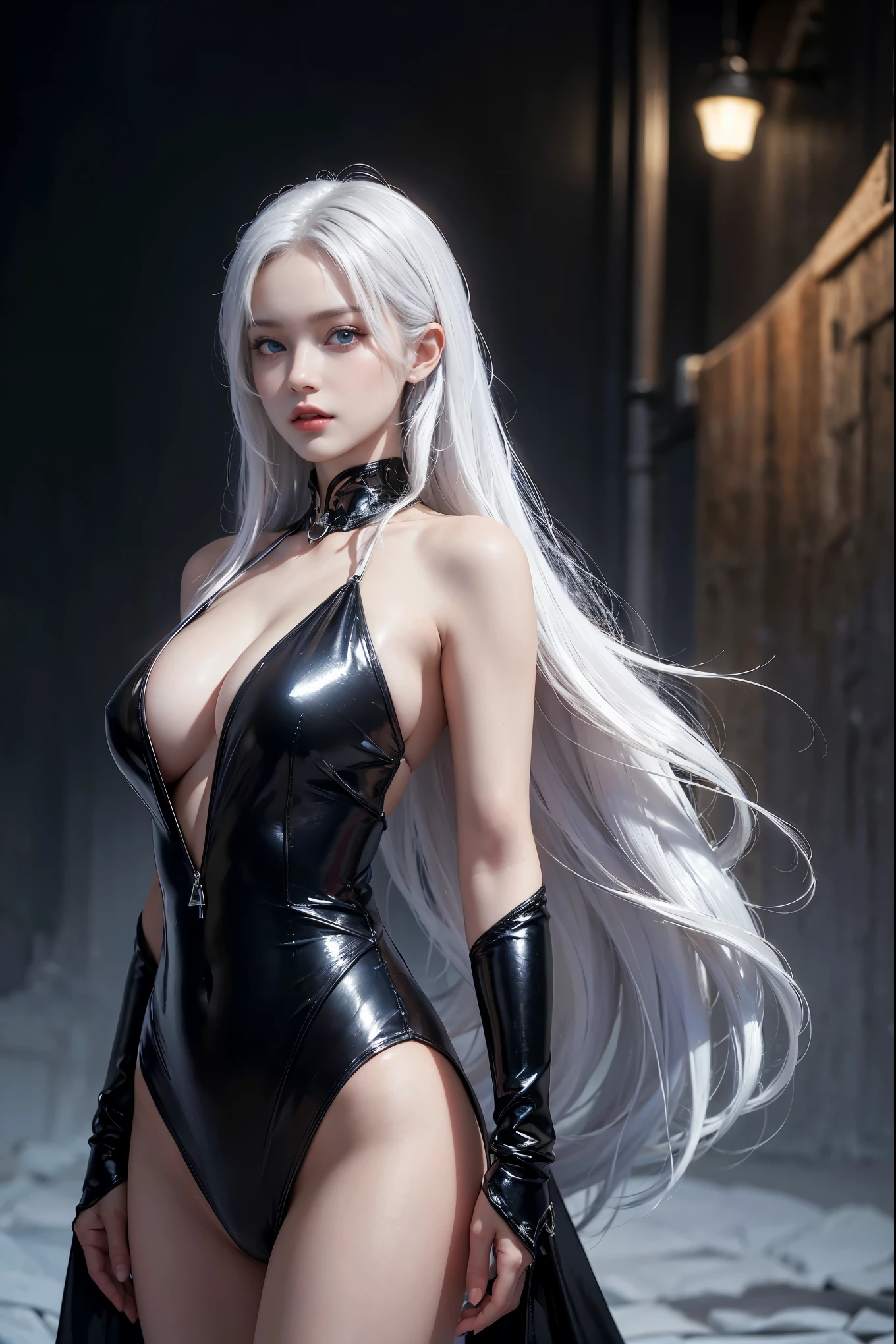 (Masterpiece: 1.3), (8K, Photorealistic, Raw-Photo, Best Quality: 1.4), Best quality, masterpiece, ultra high res, (photorealistic:1.4), raw photo, 1girl, charming Russian model Nata Lee, white hair, blue eyes, detailed eyes and face, black and silver suit, dynamic lighting, in the dark, deep shadow, low key, cowboy shot full-length body.super sexy, big breasts, glossy red lips