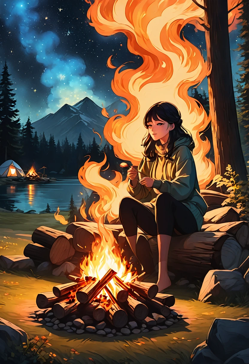 1girl, Campfire, aesthetic, (blazing campfire,crackling flames,majestic bonfire),(best quality,ultra-detailed,realistic:1.37),warm golden glow,vivid colors,wooden logs,burning embers,flickering light,dancing shadows,smoke rising from the fire,sparkling sparks,starlit night sky,camping under the stars,campfire tales,cozy atmosphere,nature's embrace,peaceful setting,crisp air,roasting marshmallows,shadowy figures by the fire,nighttime serenity