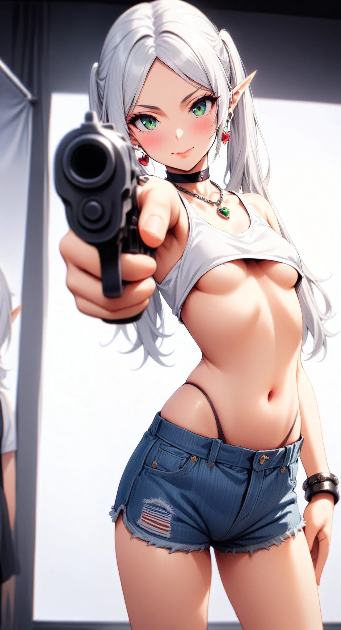 high-key and low-variance brightness scale,soft light,realistic light and shadow,light and dark interlaced,(aiming at viewer:1.4),looking at viewer,dramatic angle,(solo:1.6)
(masterpiece),(best quality),(highres),(by famous artist),(((official art))),(by Paul Hedley),(illustration),
1girl,(frieren:1.6),(elf:1.4),fashionable female
(small breasts:1.3),(underboob:1.5),(whole body),(round face),(pointy ears),(slim legs),(skinny body),(detailed beautiful face),lustrous skin,shiny skin,(articulated fingers),navel,midriff,thick lips
(white tank top:1.4),(thong:1.4),(frayed denim shorts),(white socks),(sport shoes),(off shoulders),(belly chain),belt,hair ornament,heart-shaped earrings,silver bracelet,black choker
indoor,(clothing store:1.4),(multiple clothes),small items on display,various accessories,jewelry,earrings,makeup,collarbone necklace,headpiece,
((seductive smile)),blush,((standing)),(pointing pistol:1.4),
(sunglasses:1.2),(green eyes)
(white hair),long hair,twintails,parted bangs,(reflective hair),