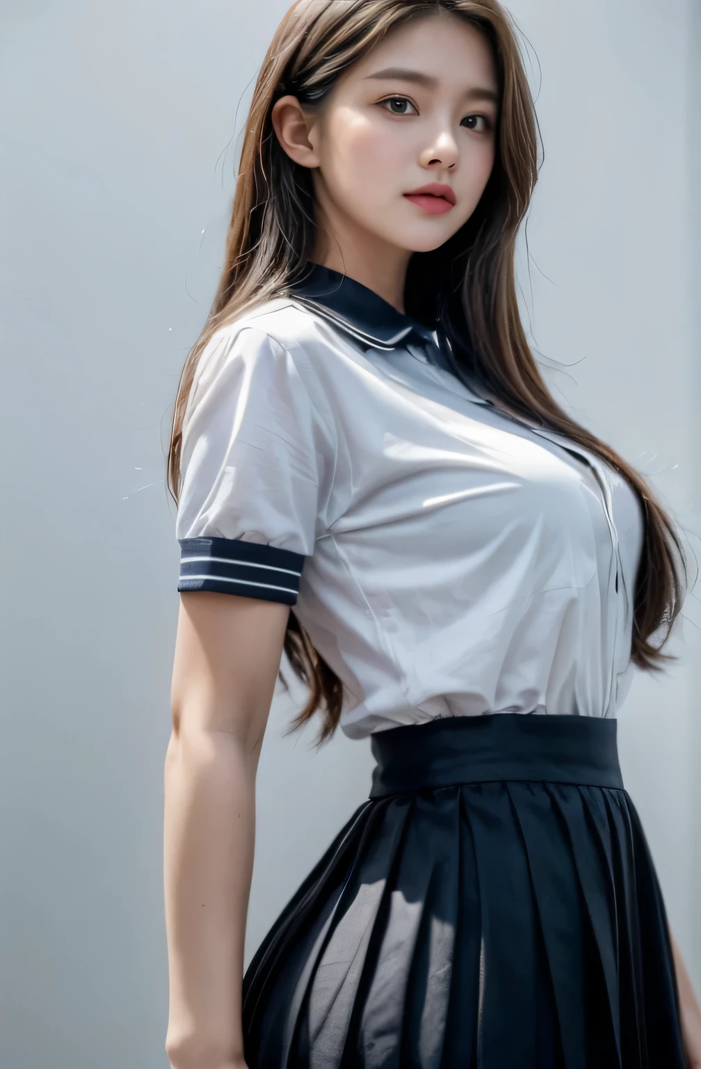 (extremely detailed CG:1.2), (masterpiece:1.2), (best quality:1.2),,((absurdres)),looking at viewer,full body, ,(1girl),solo,(long hair),(mathayom uniform),(white shirt short sleeves),(navy_blue pleated skirt),(long skirt),dynamic angle,standing,dynamic pose,((Delicate facial features)),,