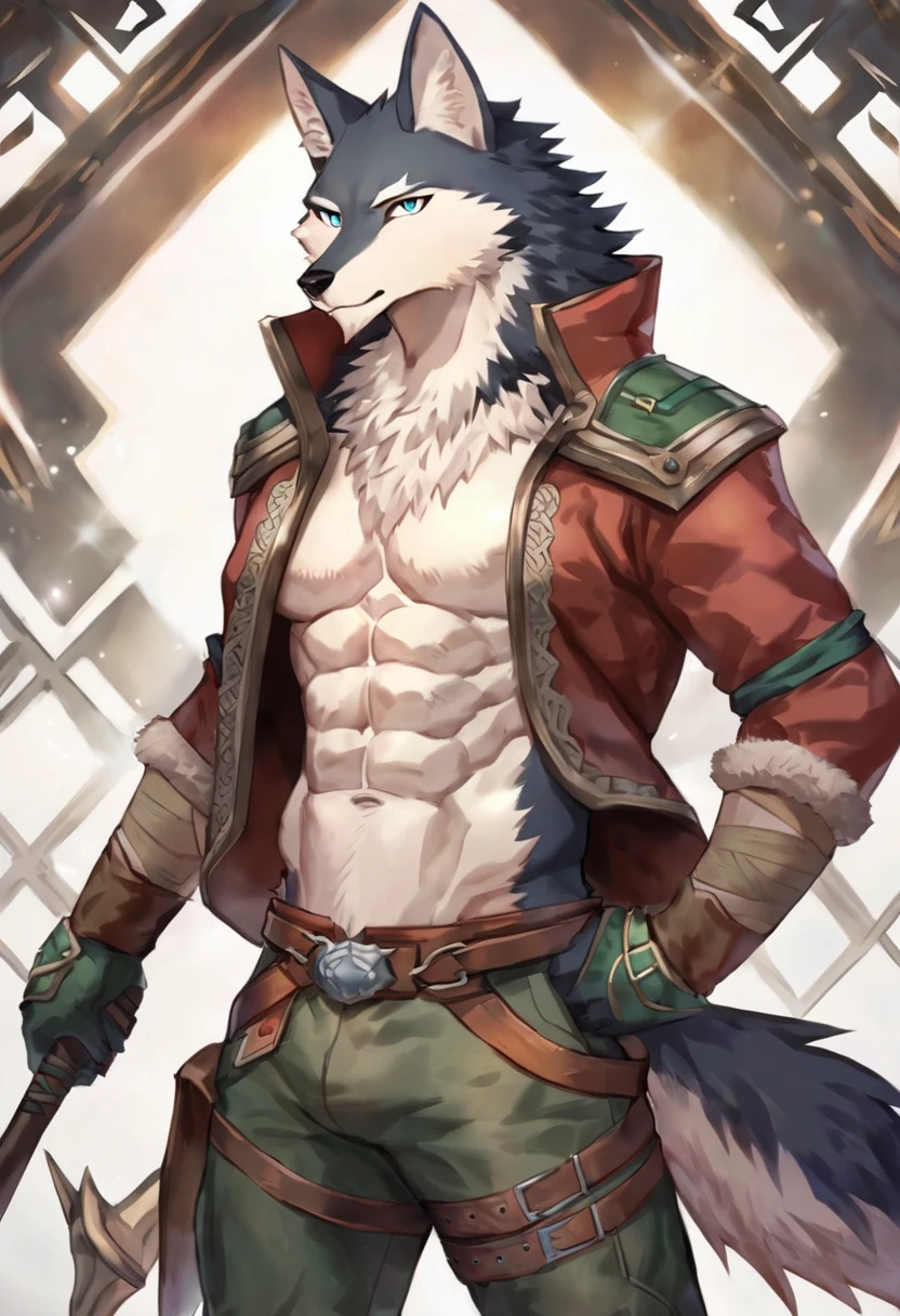 Game artstyle, refined art, masterpiece, ((solo)), anthro, male wolf, expressive, good anatomy, attractive, shorts, adventurer, jrpg design, jacket, exposed chest, abs, standing, feet