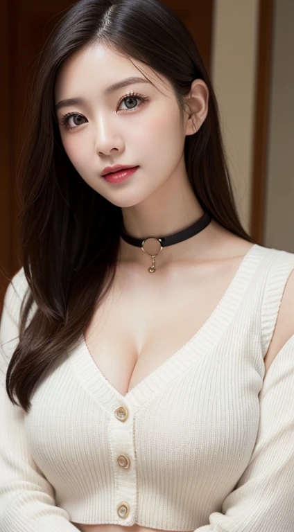 On the table, best quality, Photorealistic, Fine details, high resolution, 8k wallpaper, Perfect dynamic composition, Beautiful and delicate eyes, Medium Length Hair, plump big breasts, Casual and sexy pose,chest together、(Stand collar cropped vest，White sweater，chest wide open，Cleavage is clearly visible)、(Breast bulge 1.2)、a smile、Open your mouth、View from the resort、24 years old、(Sagging eyes 1.4)、adult beauty、Japanese