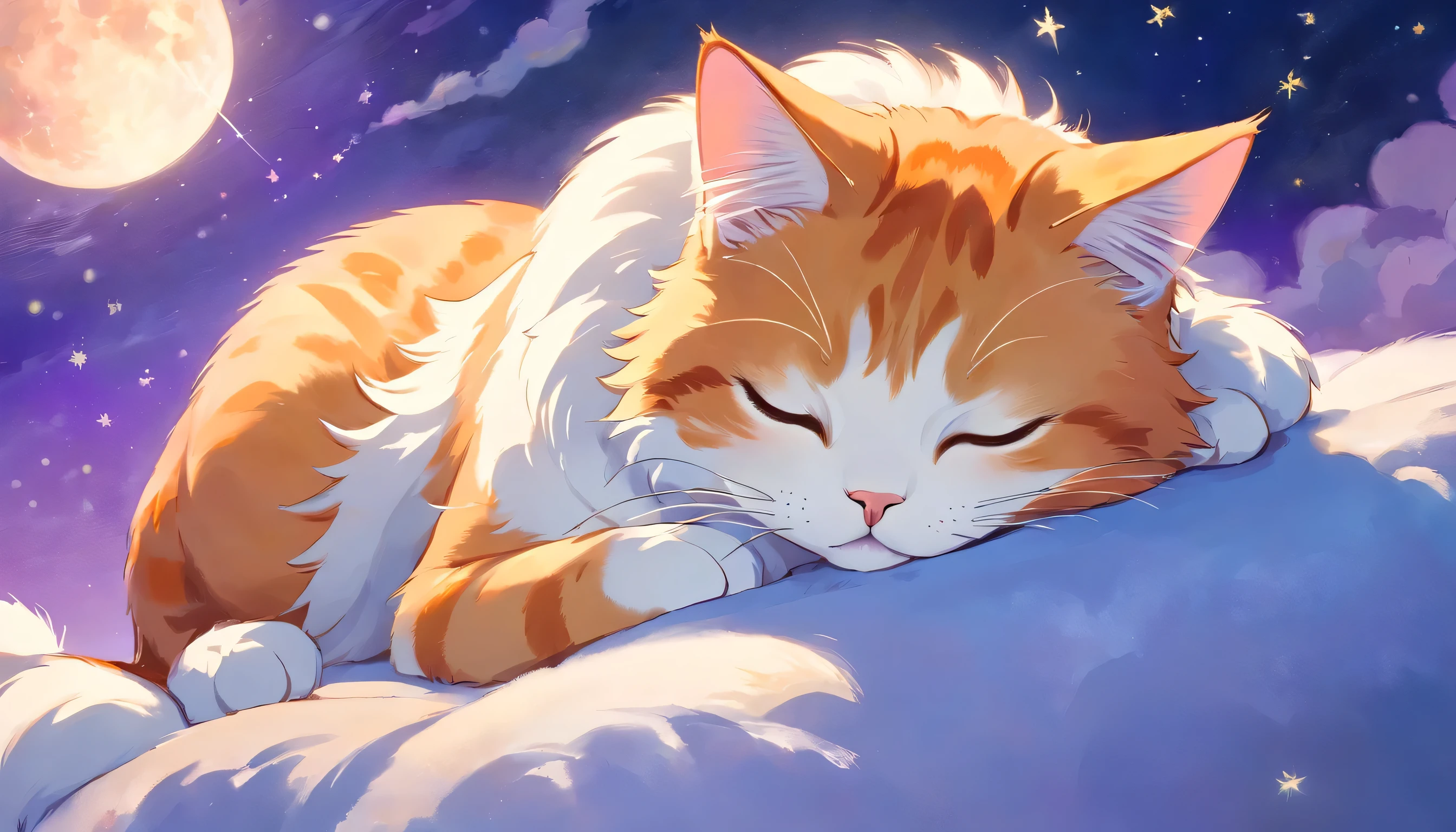 The angle of view is a close-up，HD, Disney Pixar style, digital painting, natural lighting, rich background, edge lighting, dreamy color tone, color palette, aspect ratio 16:9This picture depicts a small orange-and-white cat lying peacefully on a cloud that looks like snow, with its eyes closed, as if enjoying a sweet dream. The cat’s expression is very calm and content, with its mouth corners slightly turned up as if it’s smiling. The background of the painting is a dreamlike starry sky, adorned with dangling stars and soft halos, some of which connect with graceful lines to create a quiet and peaceful night atmosphere.The overall style can be described as full of fantasy and fairy-tale colors. The entire image is dominated by warm and bright colors, The use of color is soft and layered; the orange and white cat contrasts sharply with the dark blue and purple background, creating a warm versus cool tone that enhances the snug feel of the picture.presenting a peaceful, warm, and pleasant feeling that makes one’s mood very relaxed and happy after looking at it. In addition, the details of the painting are exquisitely handled, such as the texture of the cat’s fur, the fluffiness of the clouds, and the twinkling starlight, all of which add to the picture’s delicacy and charm.