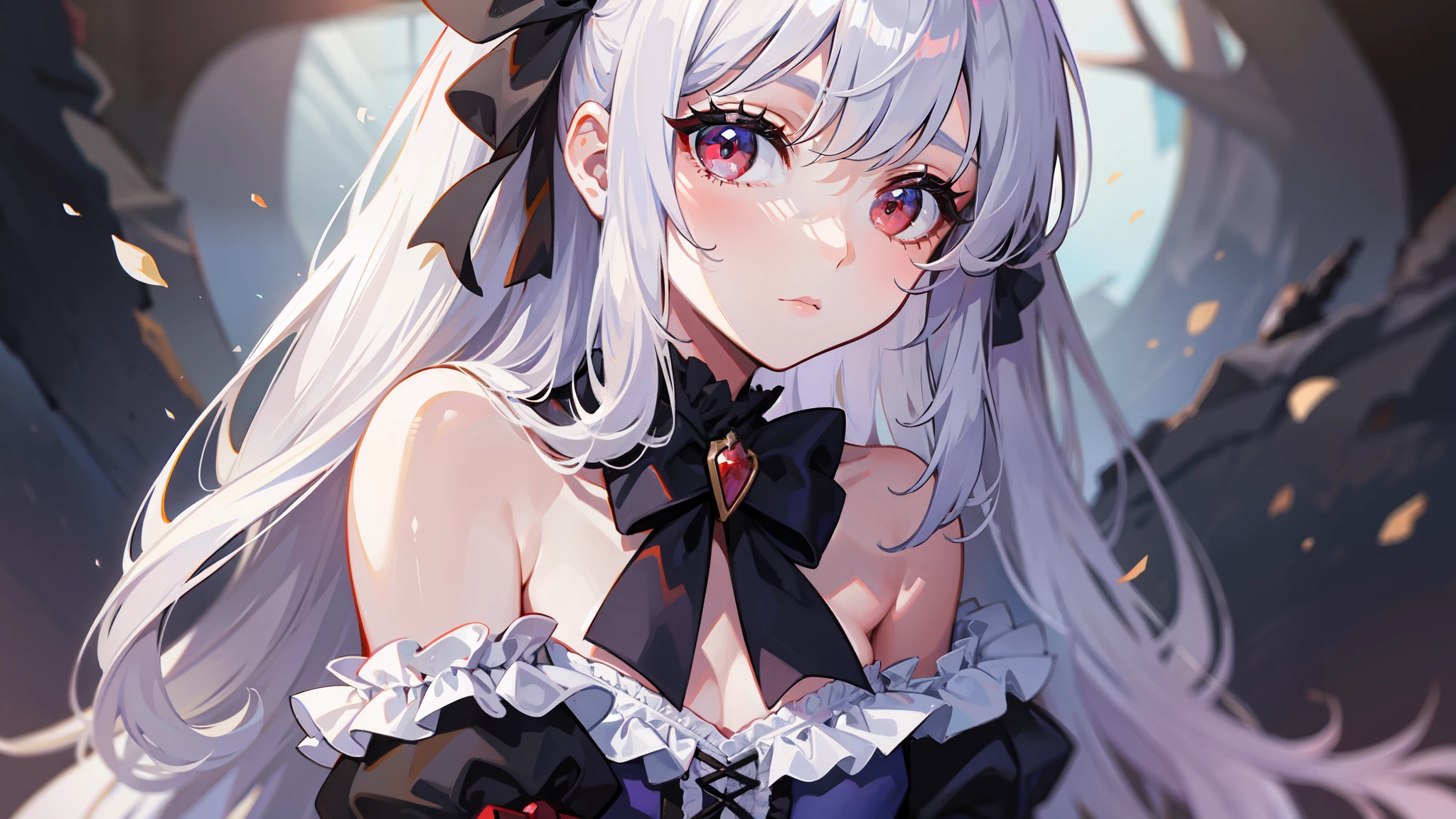 Woman with white curly hair, with feline ears, pale skin, reddish eyes, anime style 