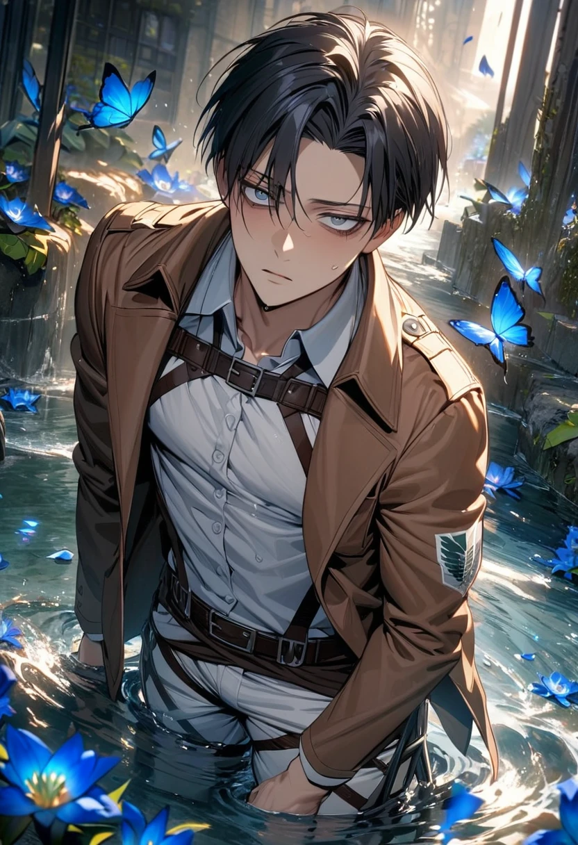 absurdres, highres, ultra detailed, HDR, masterpiece, extremely detailed face and eyes, Levi Ackerman, black hair, expressive grey eyes, dark circles under the eyes, Shingeki No Kyojin, solo, sexy man, very handsome, water, blue lilies, petals, butterflies, brown jacket, white pants