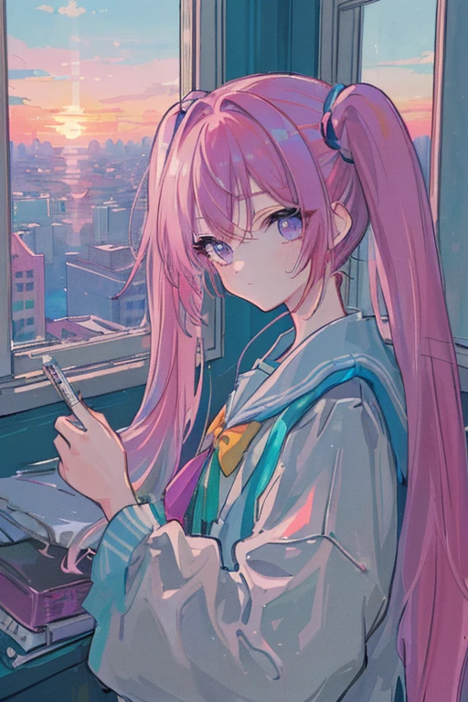 (masterpiece:1.5, highest quality:1.5), ((Vaporwave Style, Partially colored)), close, From above, movie angle, One girl, look tired, length_hair, alone, In the bedroom, The doll was a mess, decadent life, Pillar outside the window, Sunset outside the window, Street outside the window, the Sunset outside the window,pink blue sky hair, Twin tails