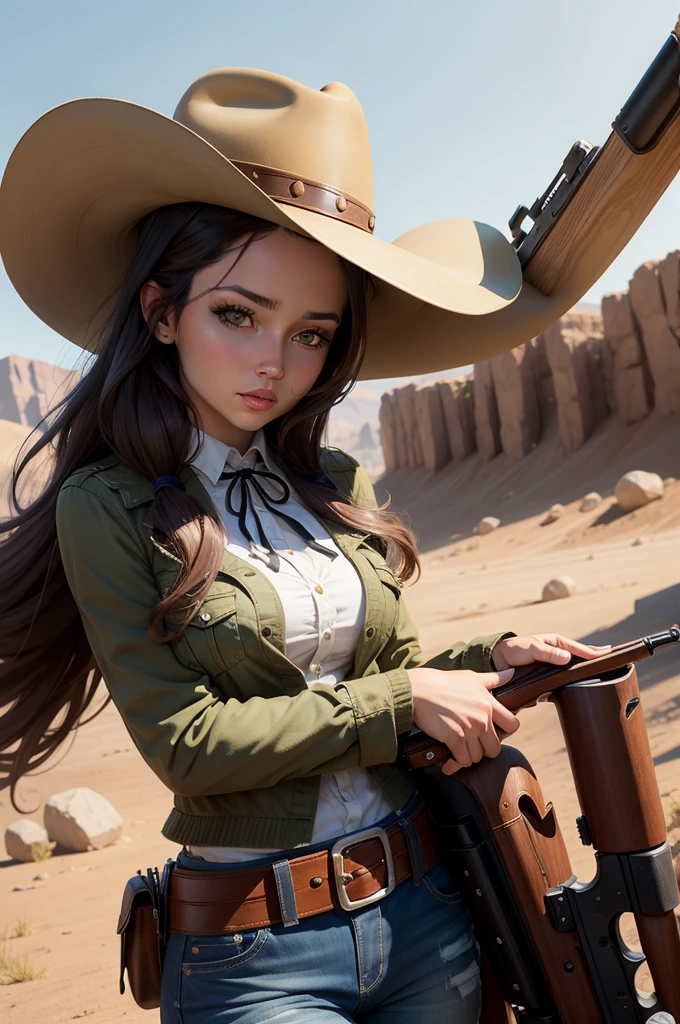 Perfectly beautiful western woman, hat, shotgun cartoon