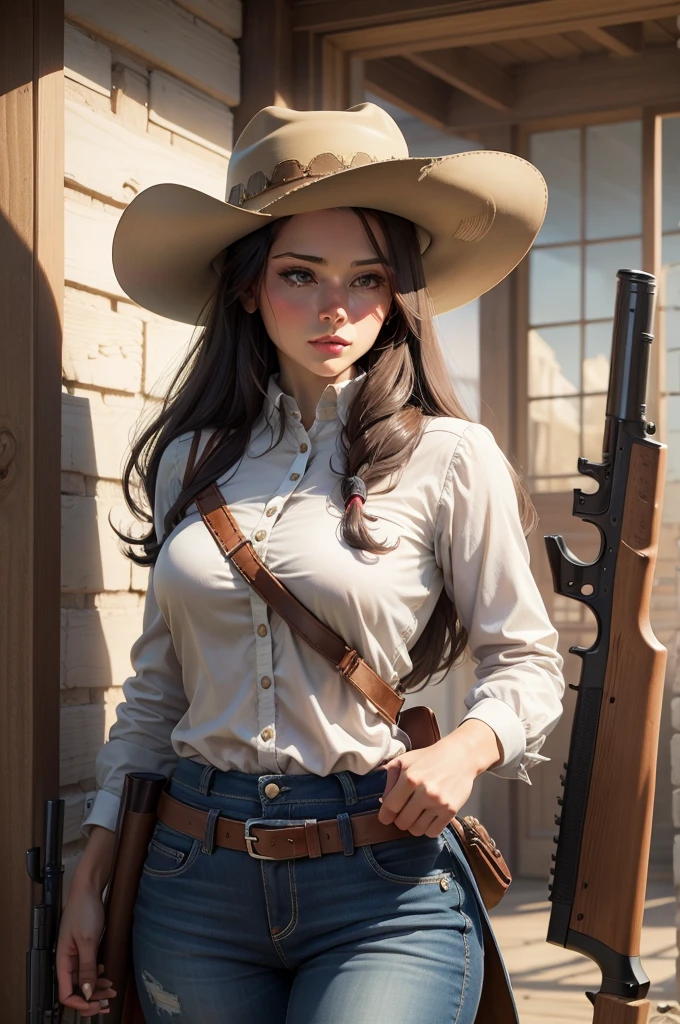 Perfectly beautiful western woman, hat, shotgun cartoon
