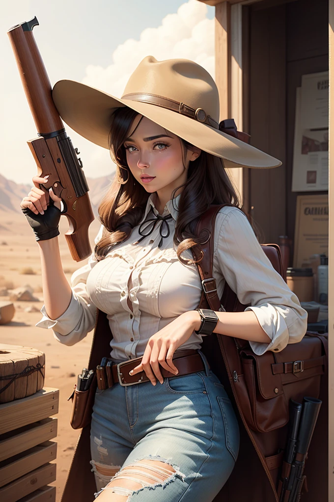 Perfectly beautiful western woman, hat, shotgun cartoon