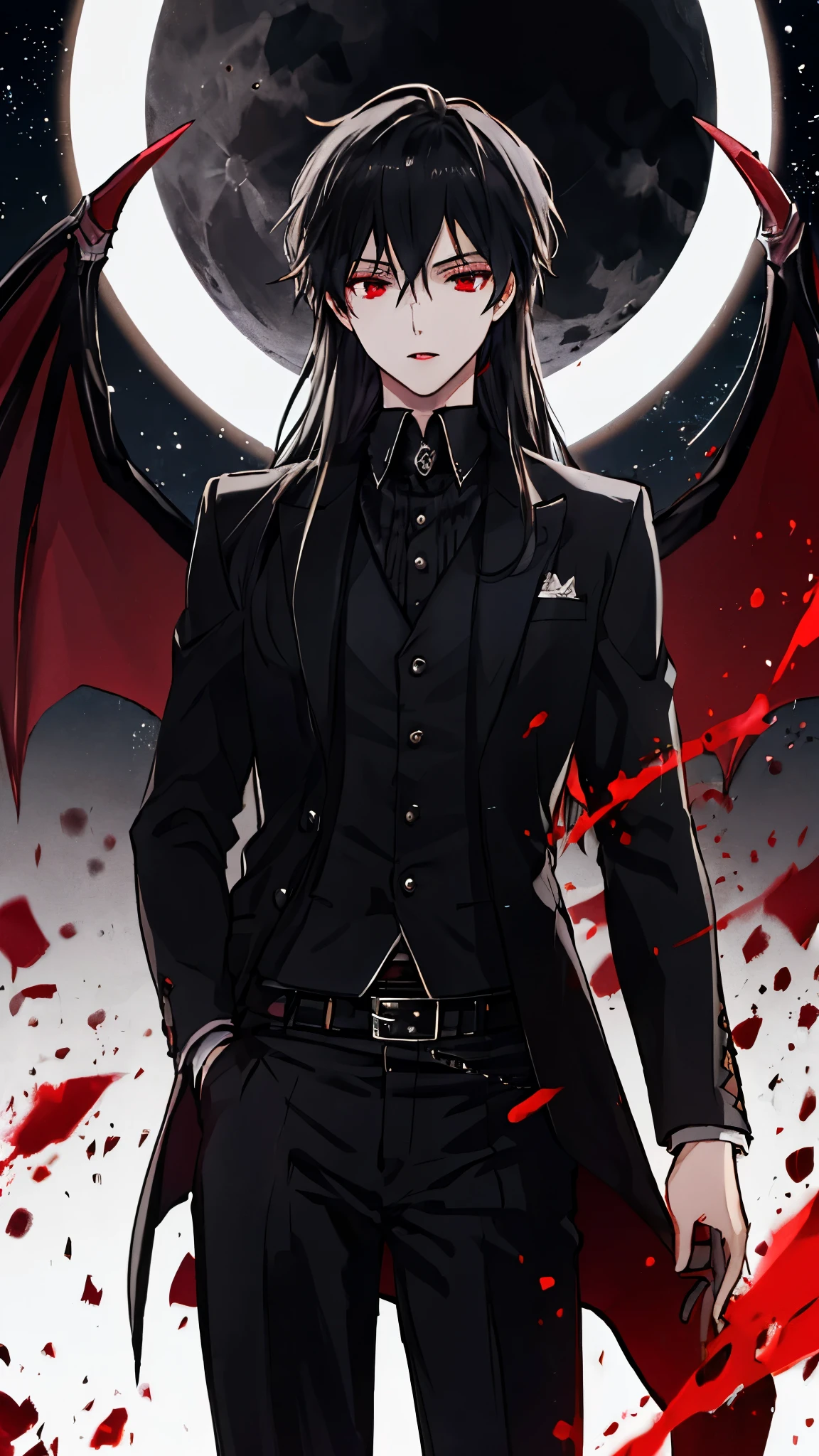 (best quality), masterpiece,Ultra Detailed,1man,Masculinity,a black-haired,Long hair,Red Eyes,vampire,Gorgeous dark atmosphere, Wear a black suit,Late Night, moon