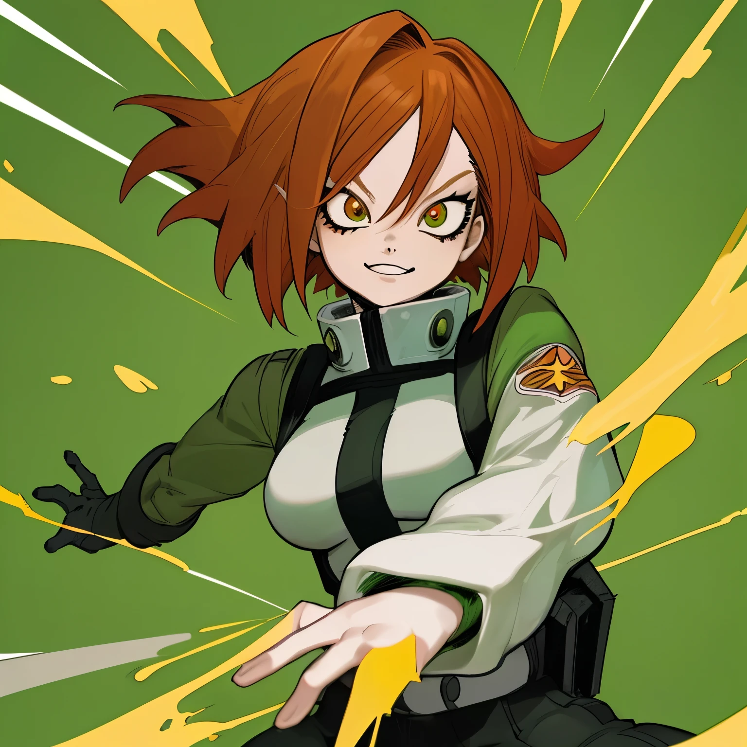 Chica con cabello largo verde y el flequillo rojo, un ojo rojo y el otro blanco y con uniforme de Boku no hero academia