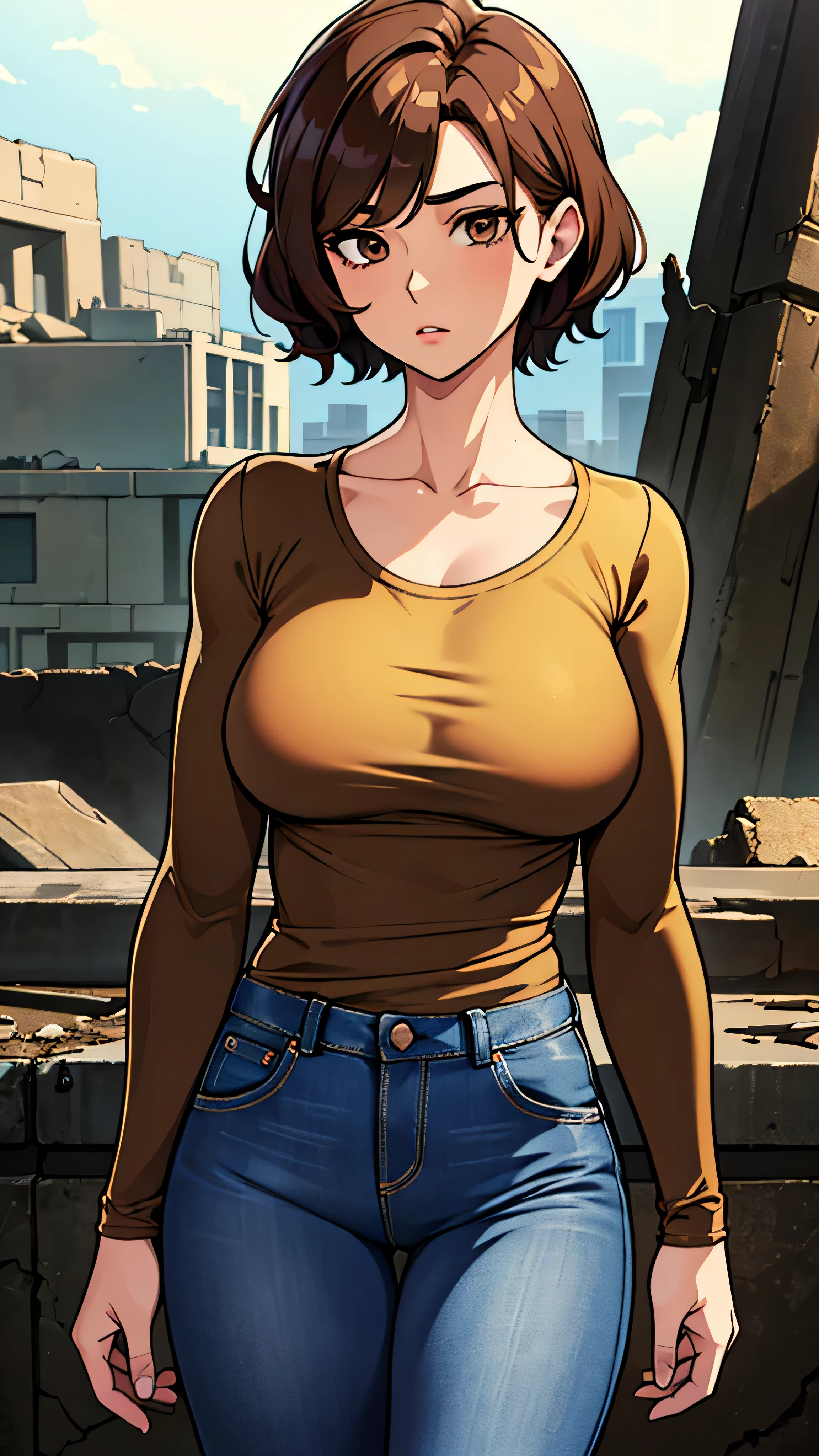 masterpiece, best quality, ultra-detailed, 1girl, eye-level shot, standing posture, milf, (brown wavy extra short hair), large breasts, collarbone, (long sleeve compression shirt), jeans, wasteland ruins