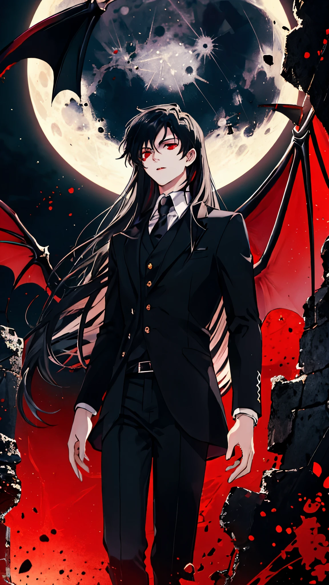 (best quality), masterpiece,Ultra Detailed,1man,Masculinity,a black-haired,Long hair,Red Eyes,vampire,Gorgeous dark atmosphere, Wear a black suit,Late Night, moon