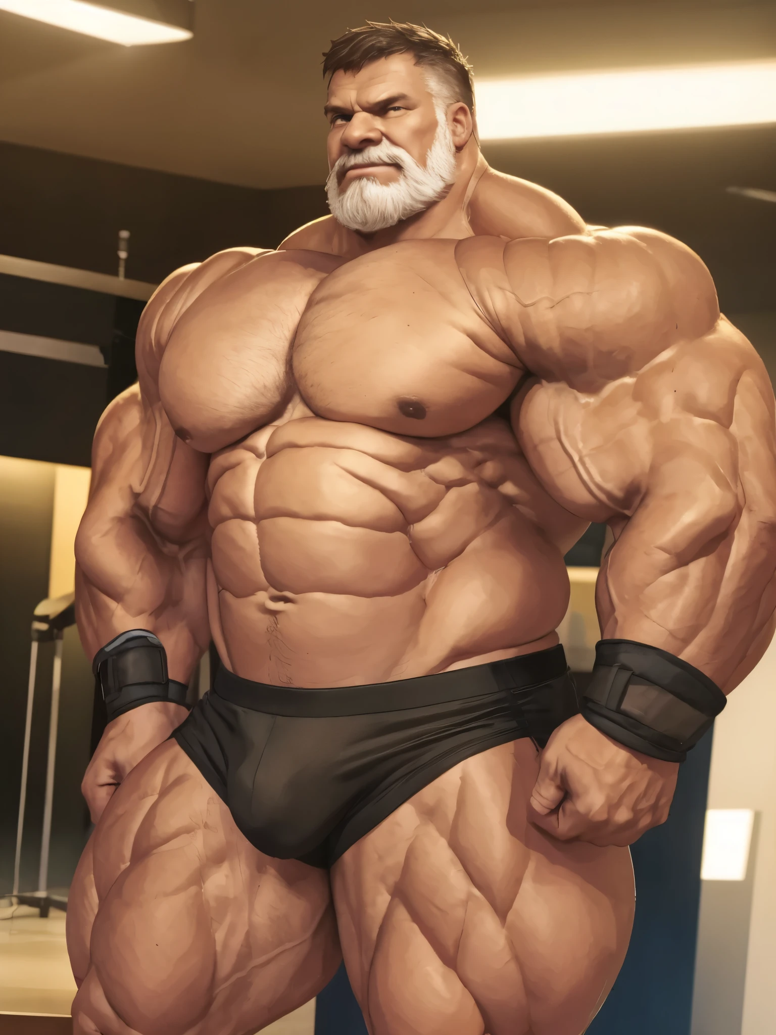 Wide medium shots, ground level camera shot, (best quality, 4k,8k, highres, masterpiece:1.2), ultra-d etailed, (realistic,photorealistic,photo-realistic:1.37).,((hyper muscular)) old man showing strong muscle in podium, black underpants , hyper muscle, hyper pectoral, hyper bicep, hyper arms, bulge, white and short hair, super thick arms, super big pectoral, super wide pectoral, topless, shirtless.