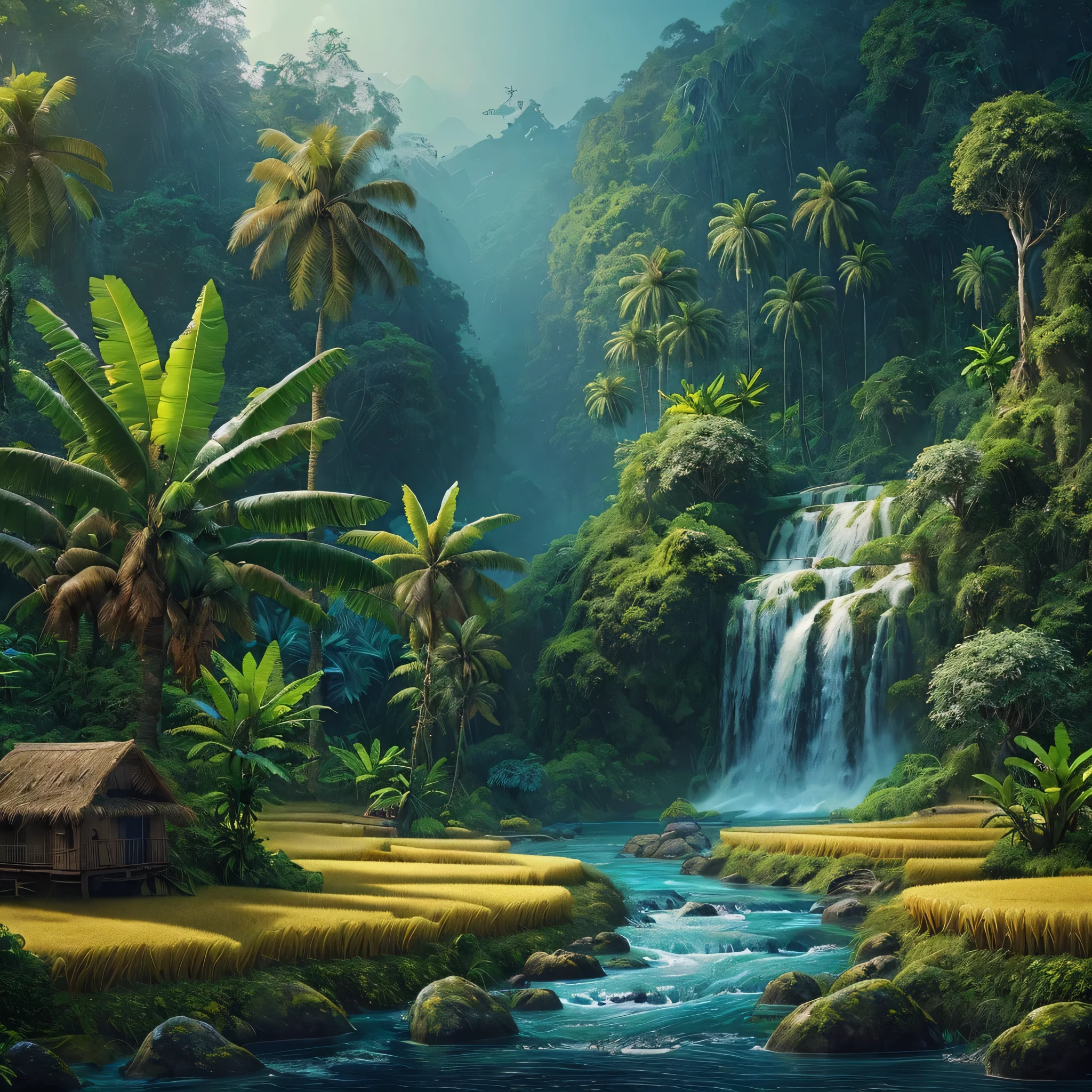 Create beautiful and enchanting hyperrealistic landscape images, coconut trees on the river bank, banana trees with partially dry leaves, fern trees. small waterfall flowing with clear blue water, surrounded by rocks and plants, dark forest, old huts in the middle of green and yellow rice fields, similar hills in the background